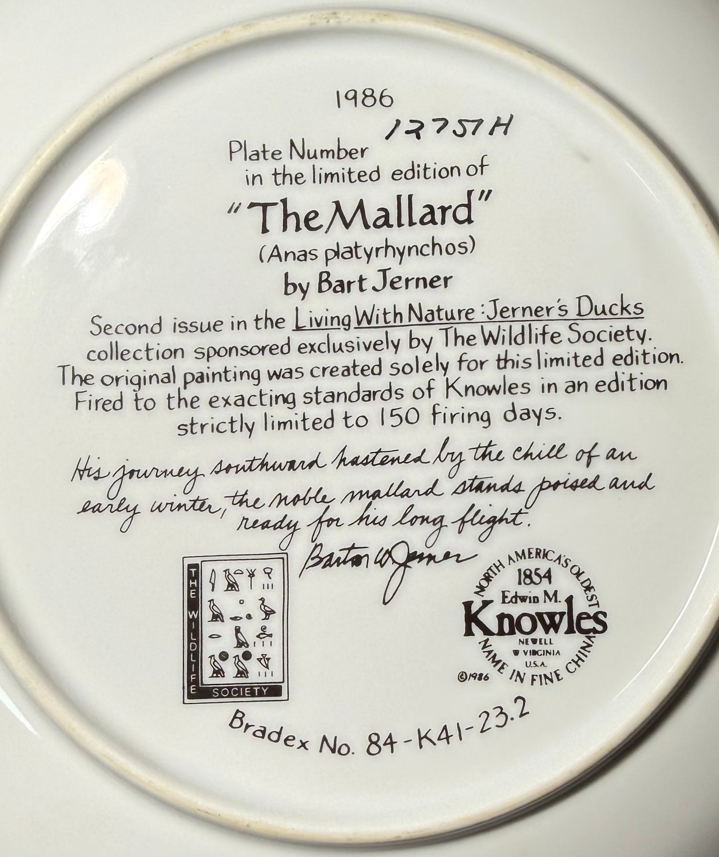 Vintage 1986 Knowles “The Mallard” collector plate by Bart Jerner, featuring detailed duck artwork, from Wild Feathered Finds.