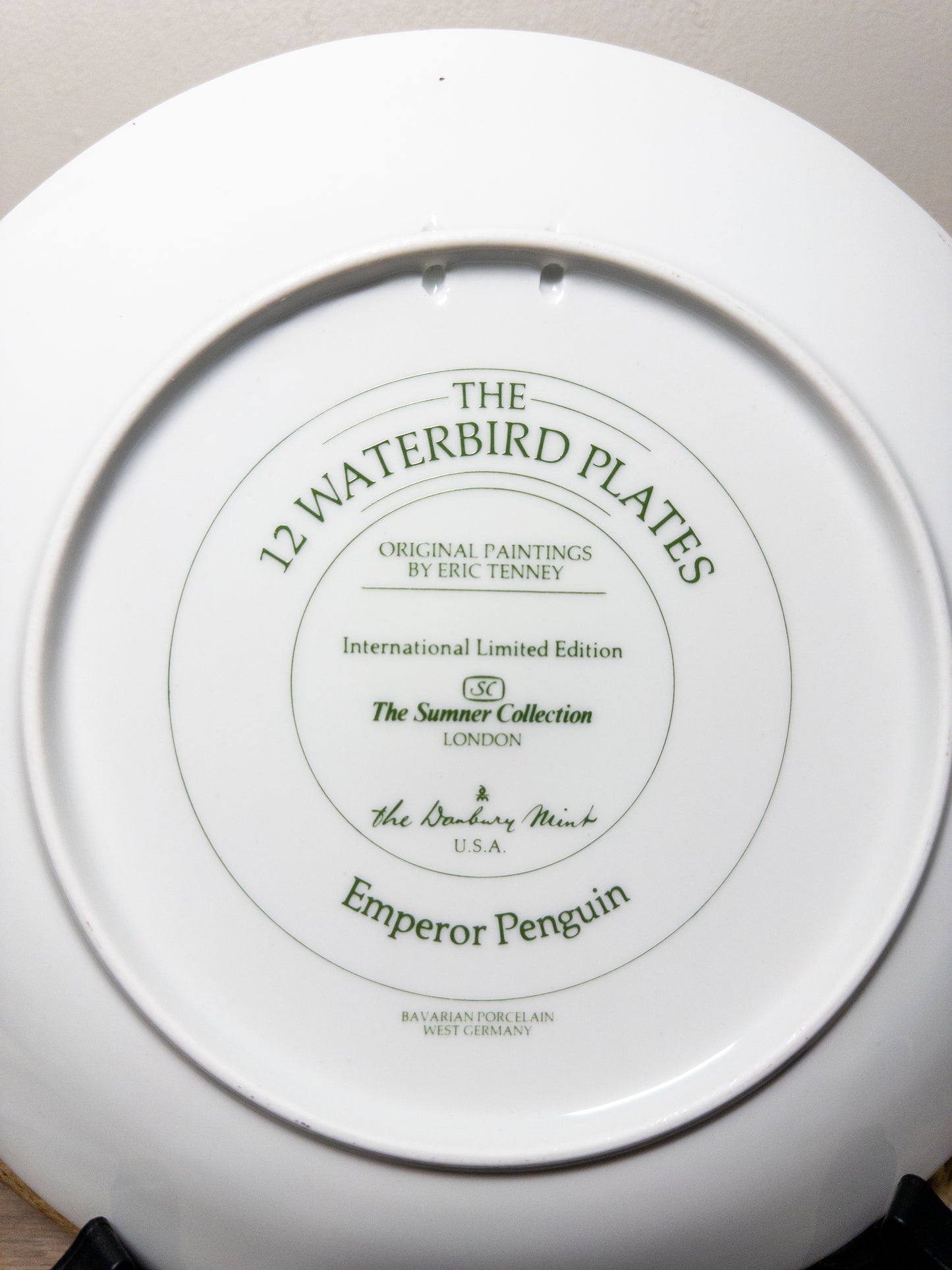 Limited edition porcelain plate featuring an emperor penguin waterbird design, 9.5 inches, by Wild Feathered Finds.
