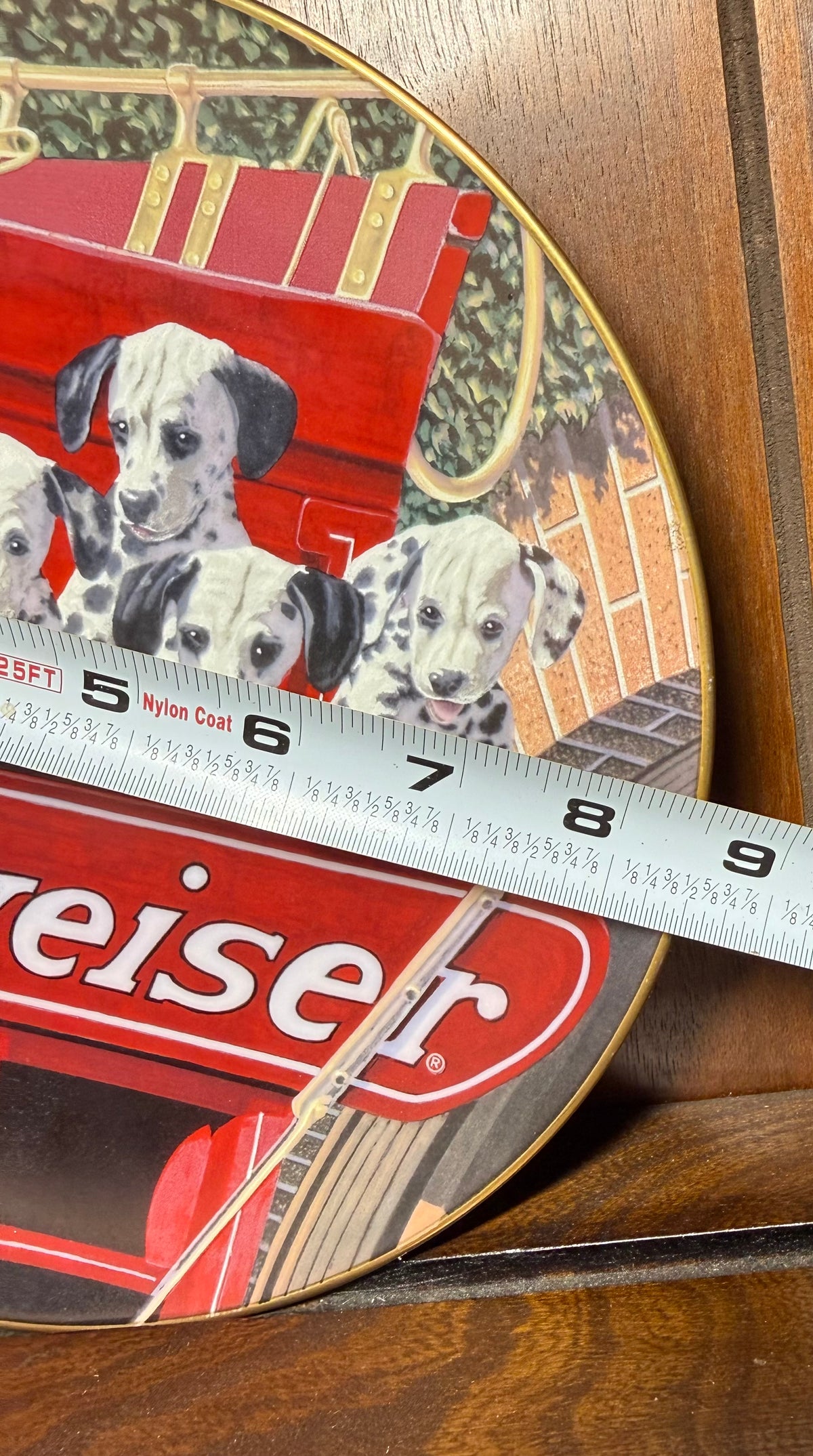 Vintage 1991 Budweiser six pack Dalmatian puppies collector plate by Marlowe Urdahl, featuring detailed Dalmatian puppy illustrations.