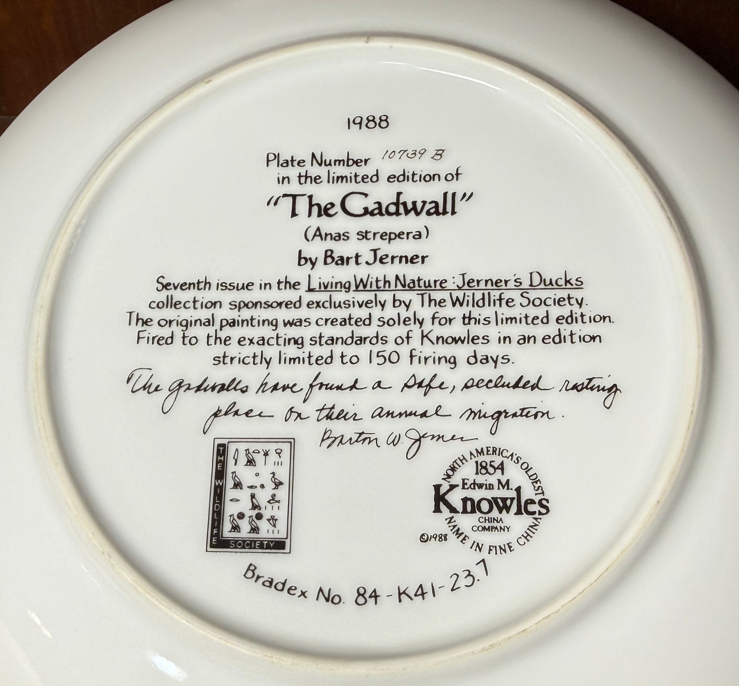 Vintage 1988 Knowles "The Gadwall" collector plate by Wild Feathered Finds, featuring detailed bird illustration and unique design.