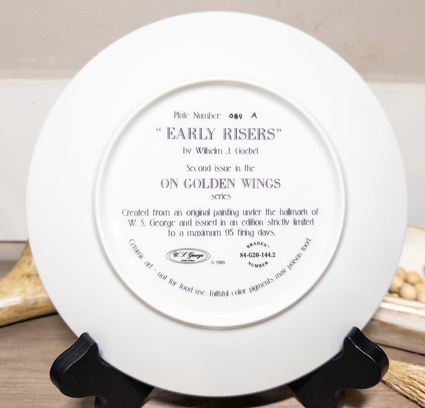 Upland game bird collector plate titled "Early Risers" by Wilhelm J. Goebel, featuring detailed bird illustrations, plate No. 084A.