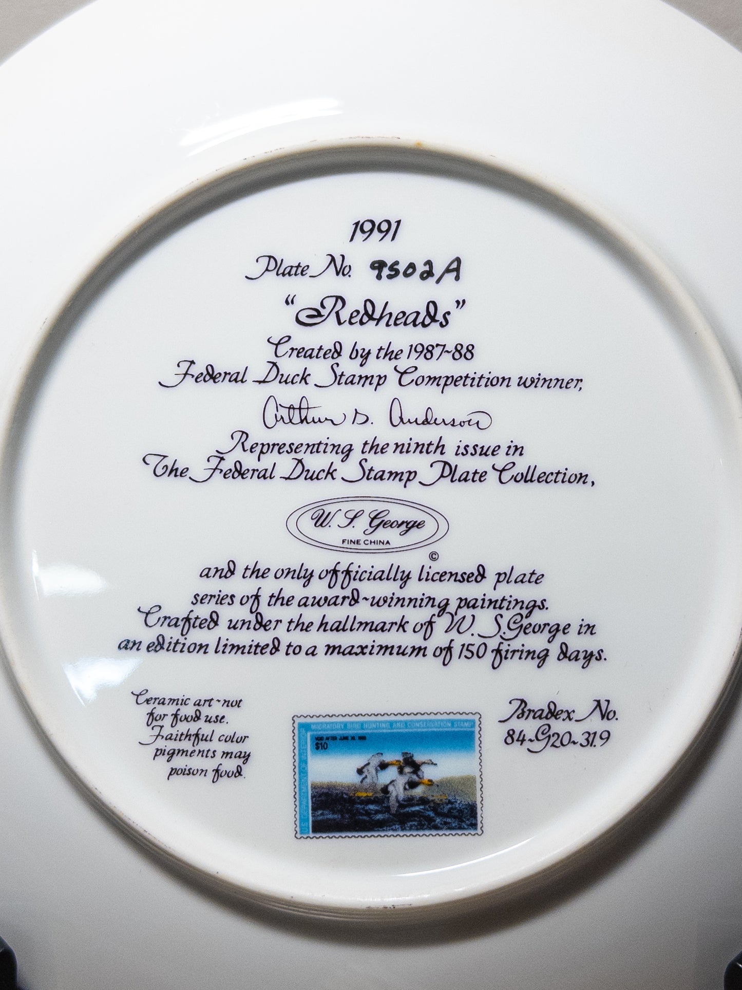 Redheads Federal Duck Stamp Plate 1991 by Arthur D. Anderson, featuring detailed waterfowl artwork, displayed on a neutral background.