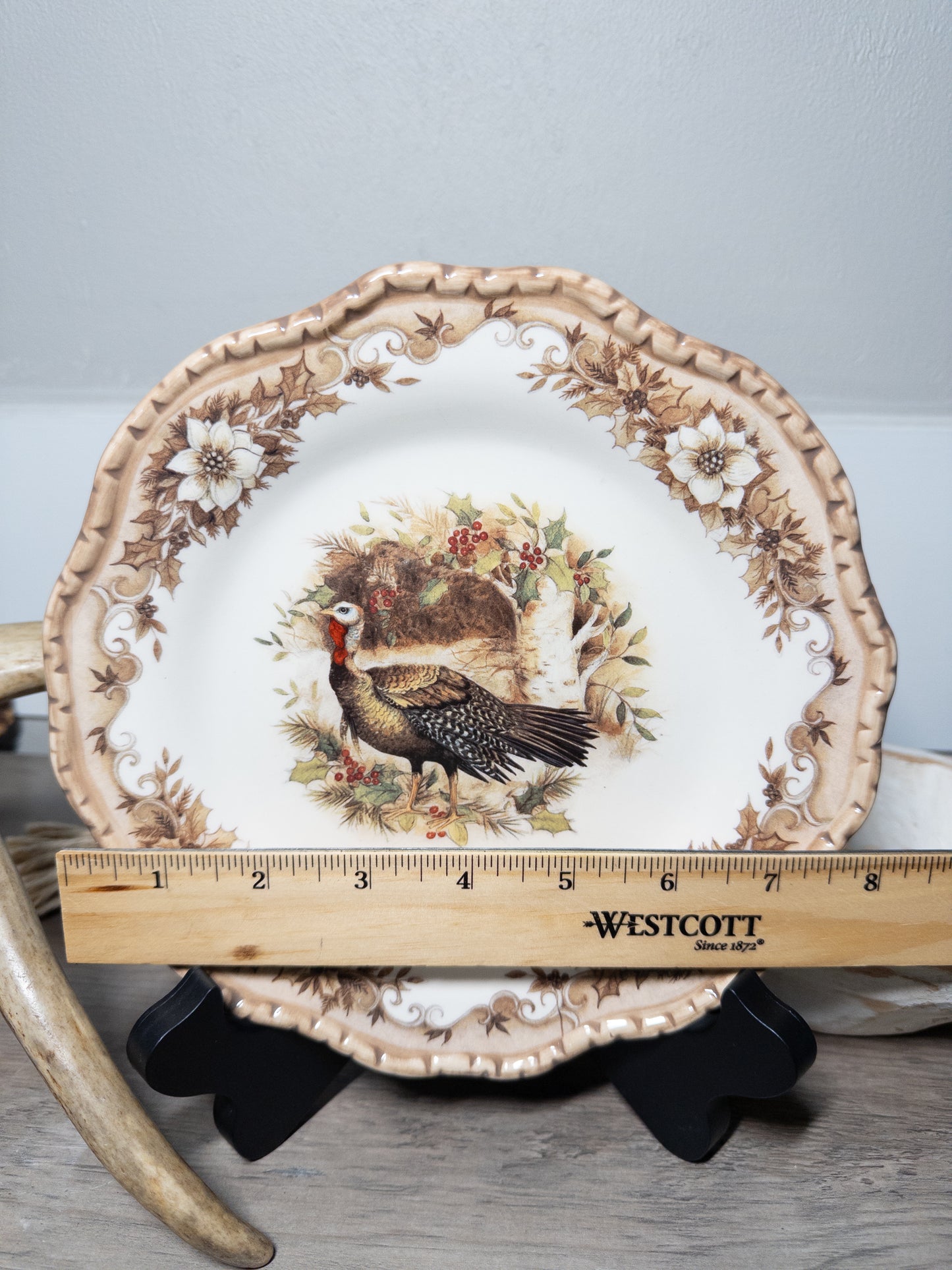 Cracker Barrel Wild Turkey Autumn Harvest stoneware plate with scalloped edge, featuring a wild turkey design by Wild Feathered Finds.