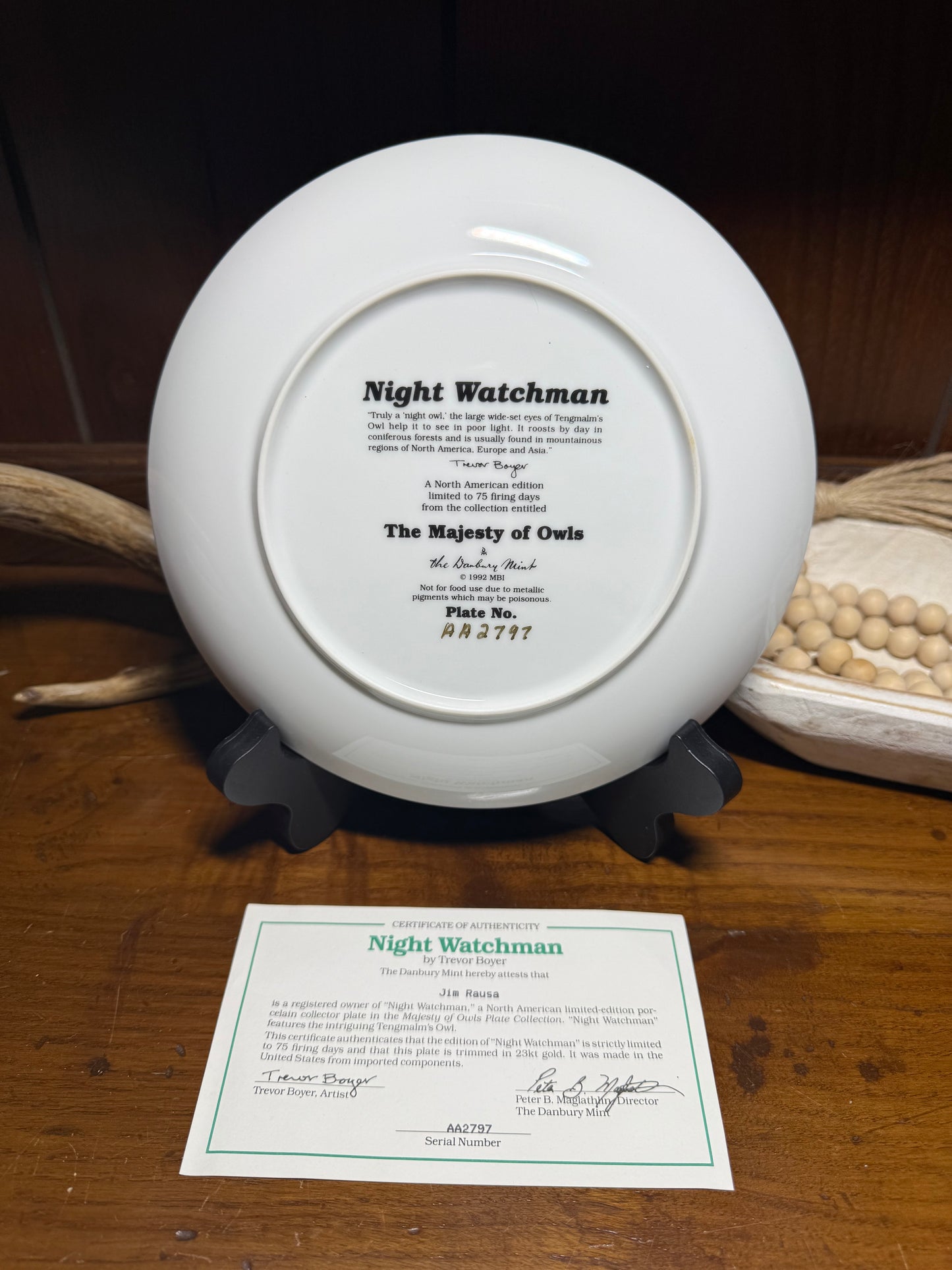 Tengmalm’s Owl collector plate titled “Night Watchman” by Trevor Boyer, featuring detailed owl artwork with Certificate of Authenticity.