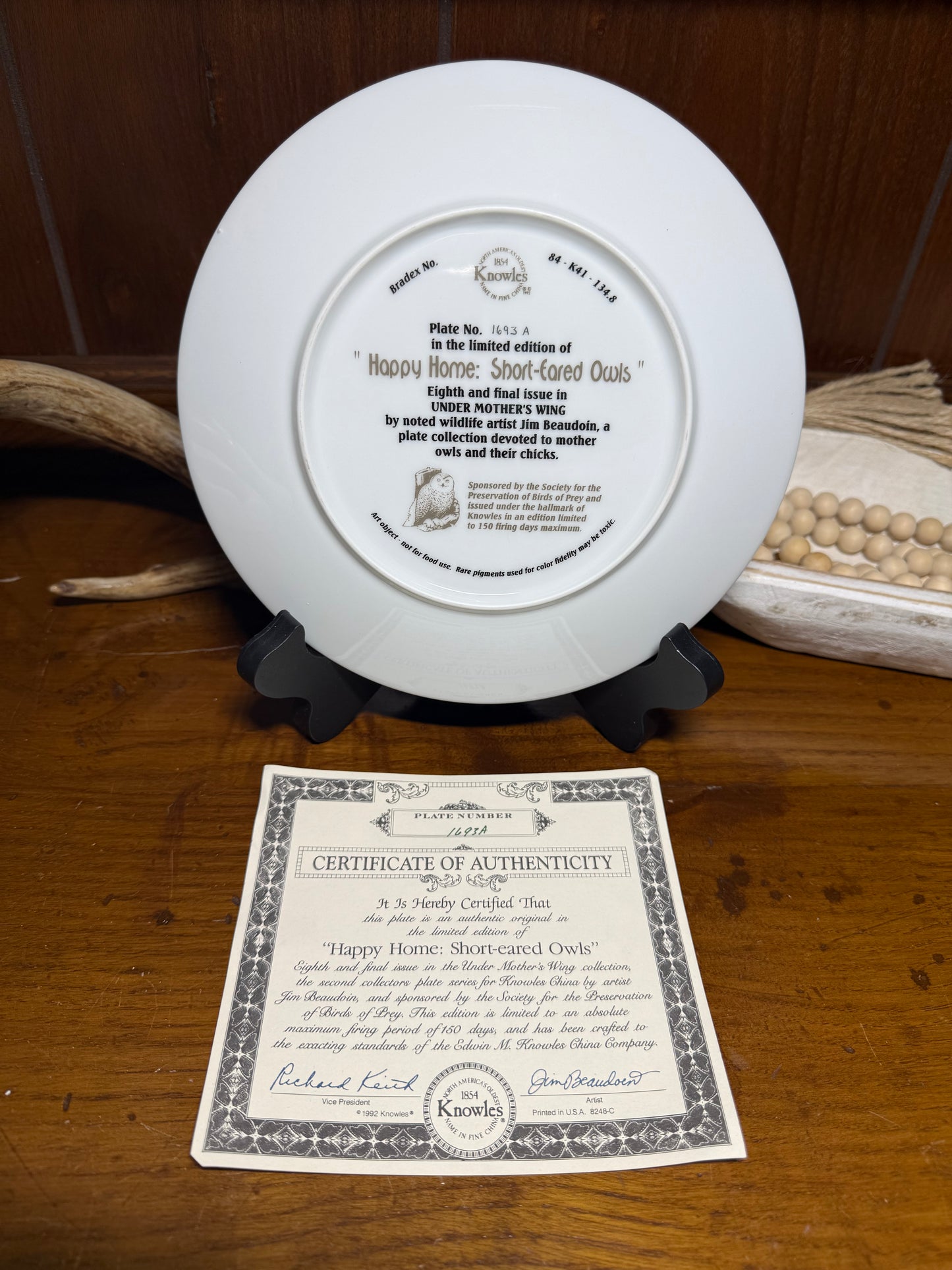 Short-eared owls collector plate by Knowles China, titled "Under Mother’s Wing," featuring detailed owl artwork and COA from Wild Feathered Finds.