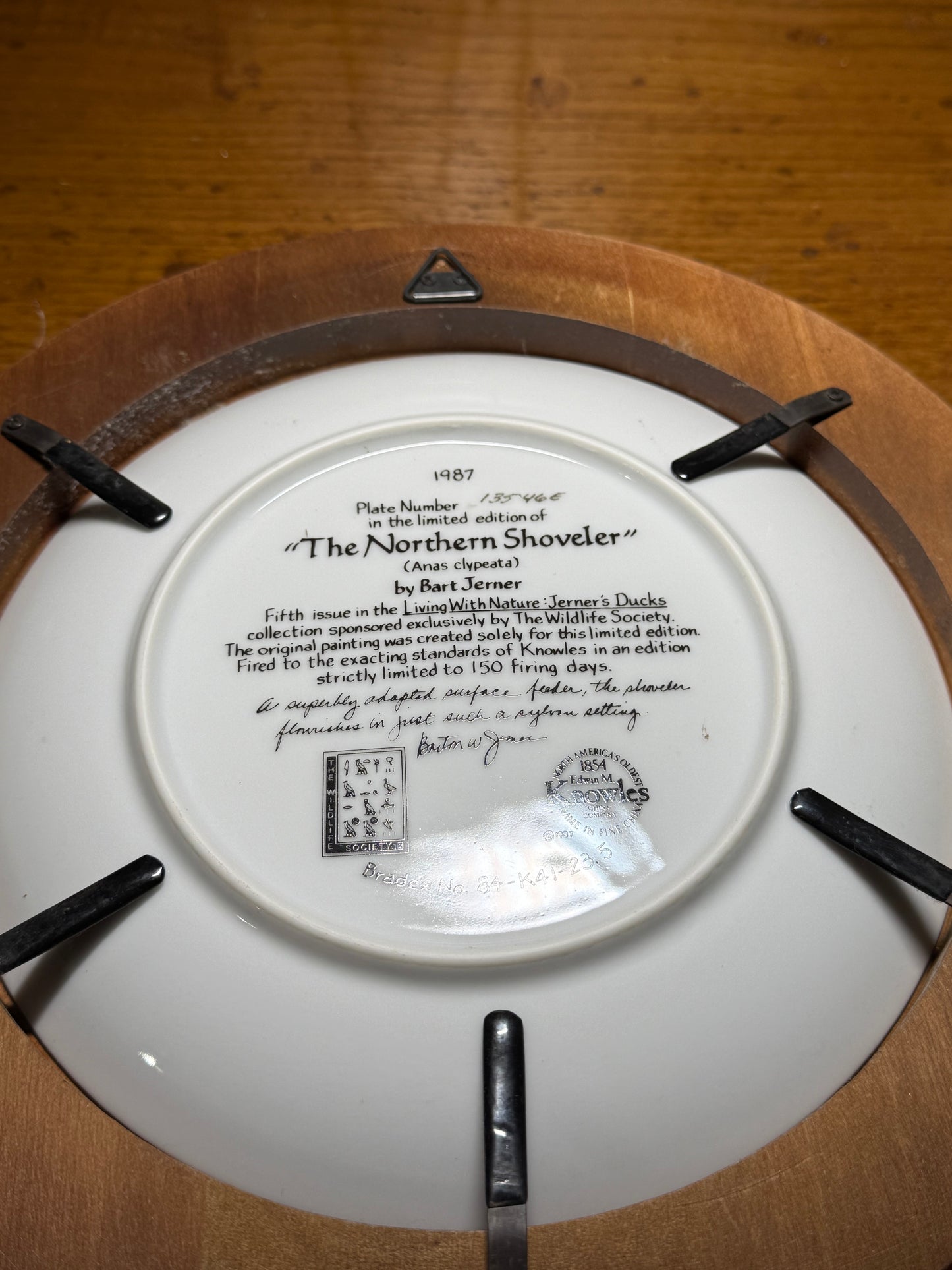Vintage 1987 Wild Feathered Finds collector plate featuring The Northern Shoveler from the Living With Nature series, framed display.