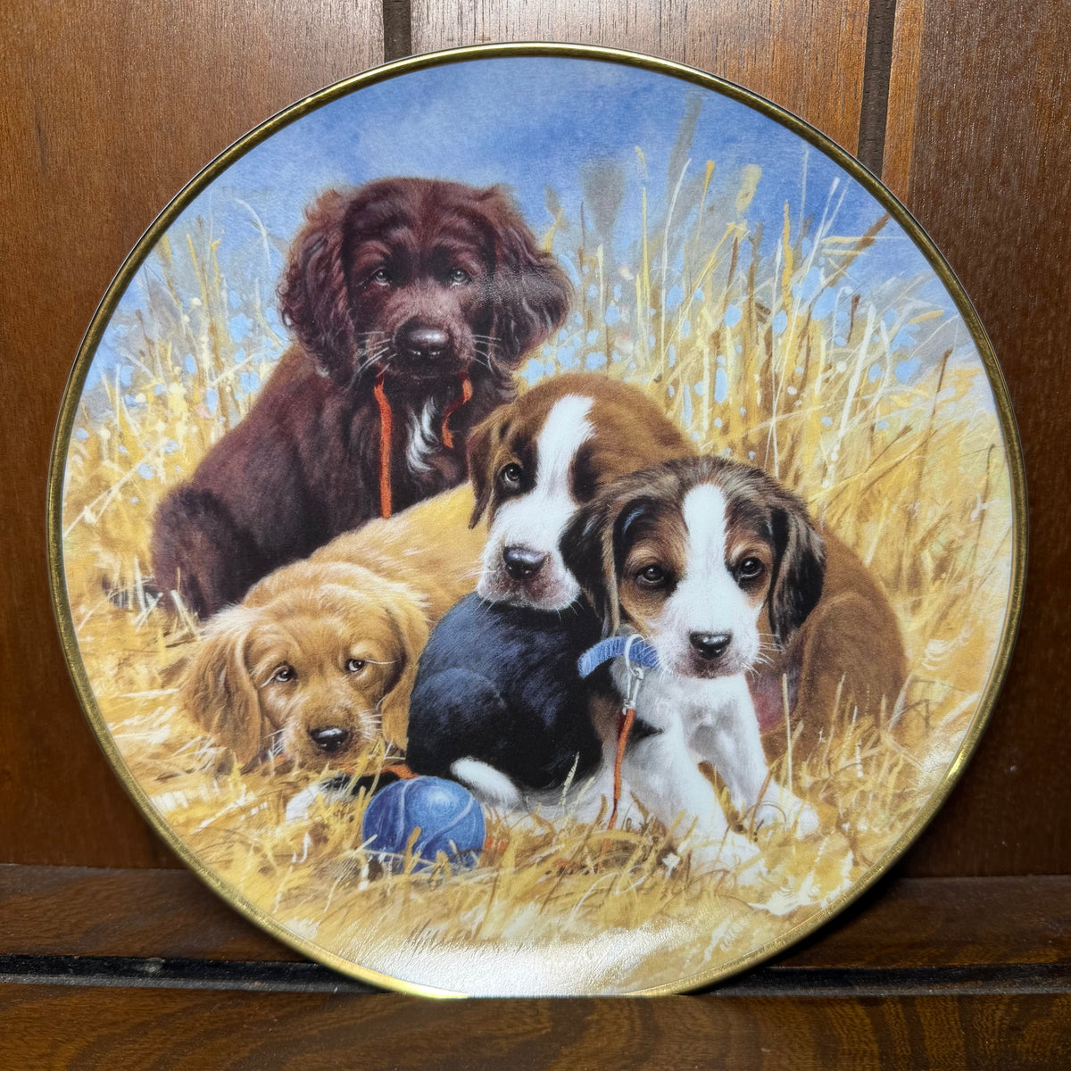 Vintage Franklin Mint ASPCA Puppy Pause collector plate featuring adorable dog puppies, displayed on a decorative stand.