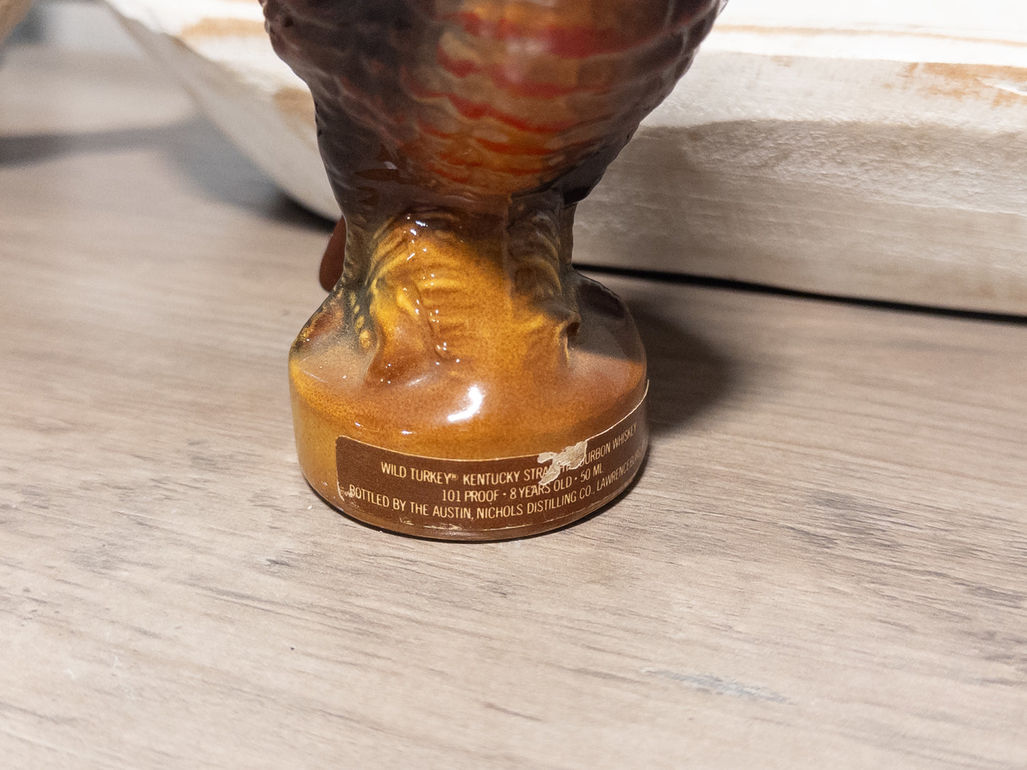 Vintage Wild Turkey ceramic decanter featuring wild turkey design, 101 proof bourbon bottle from the 1970s by Austin Nichols.