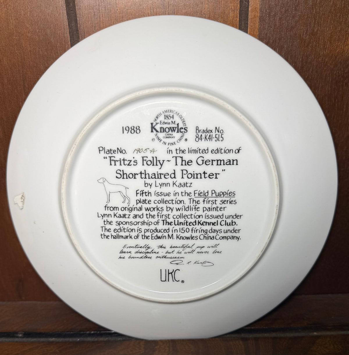 German Shorthaired Pointer puppy collector plate featuring Fritz’s Folly design by Lynn Kaatz, from Wild Feathered Finds.