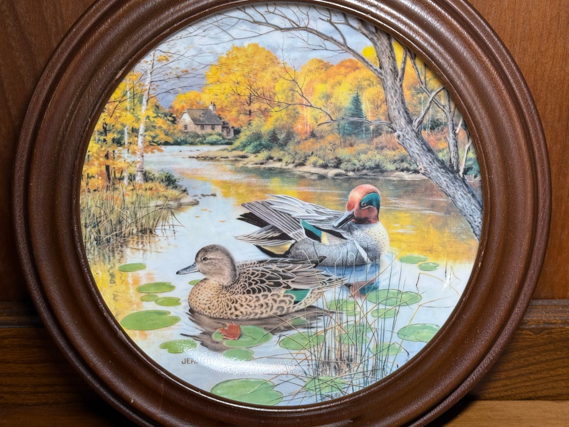 Vintage 1987 Jerner Green-Winged Teal collector plate from Wild Feathered Finds, framed, featuring detailed teal bird artwork.