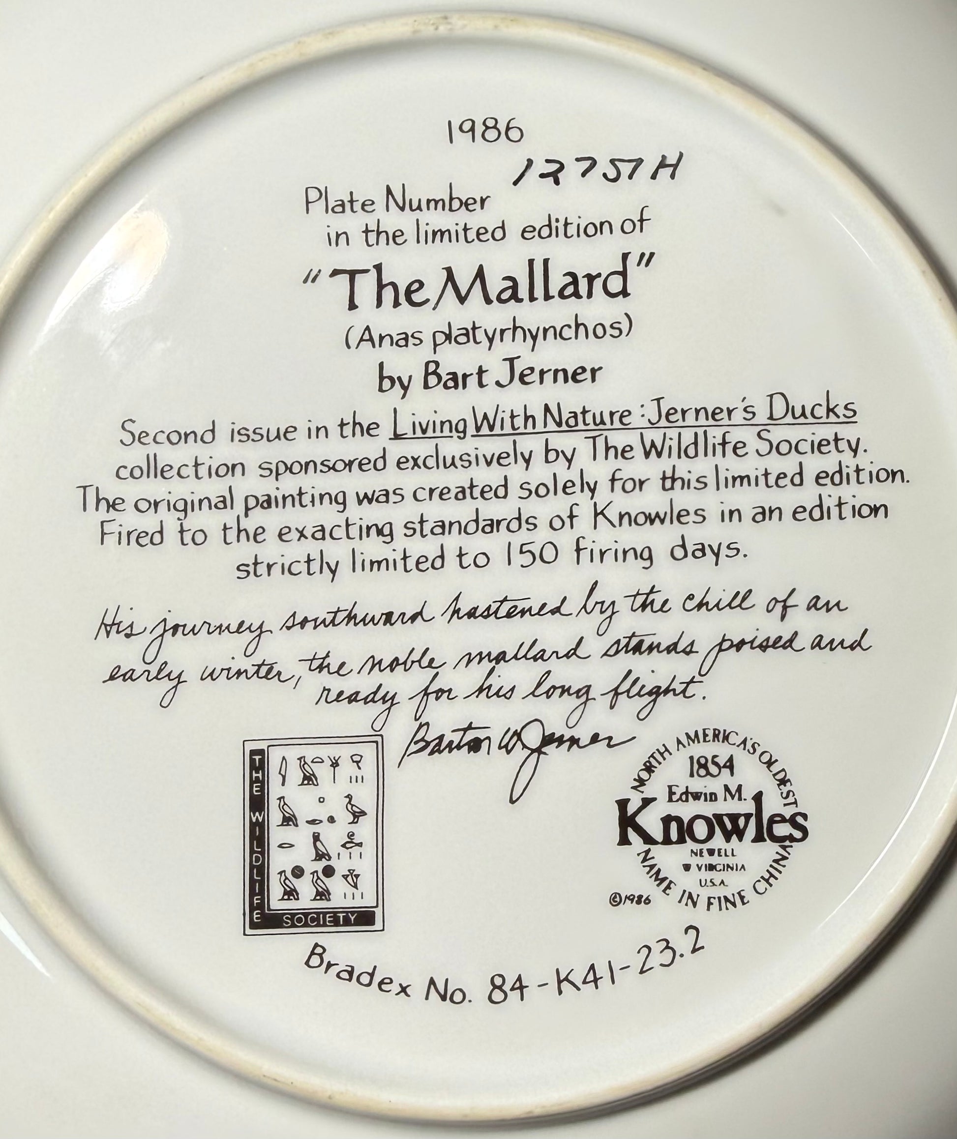 Vintage 1986 Knowles “The Mallard” collector plate by Bart Jerner, featuring detailed duck artwork, from Wild Feathered Finds.