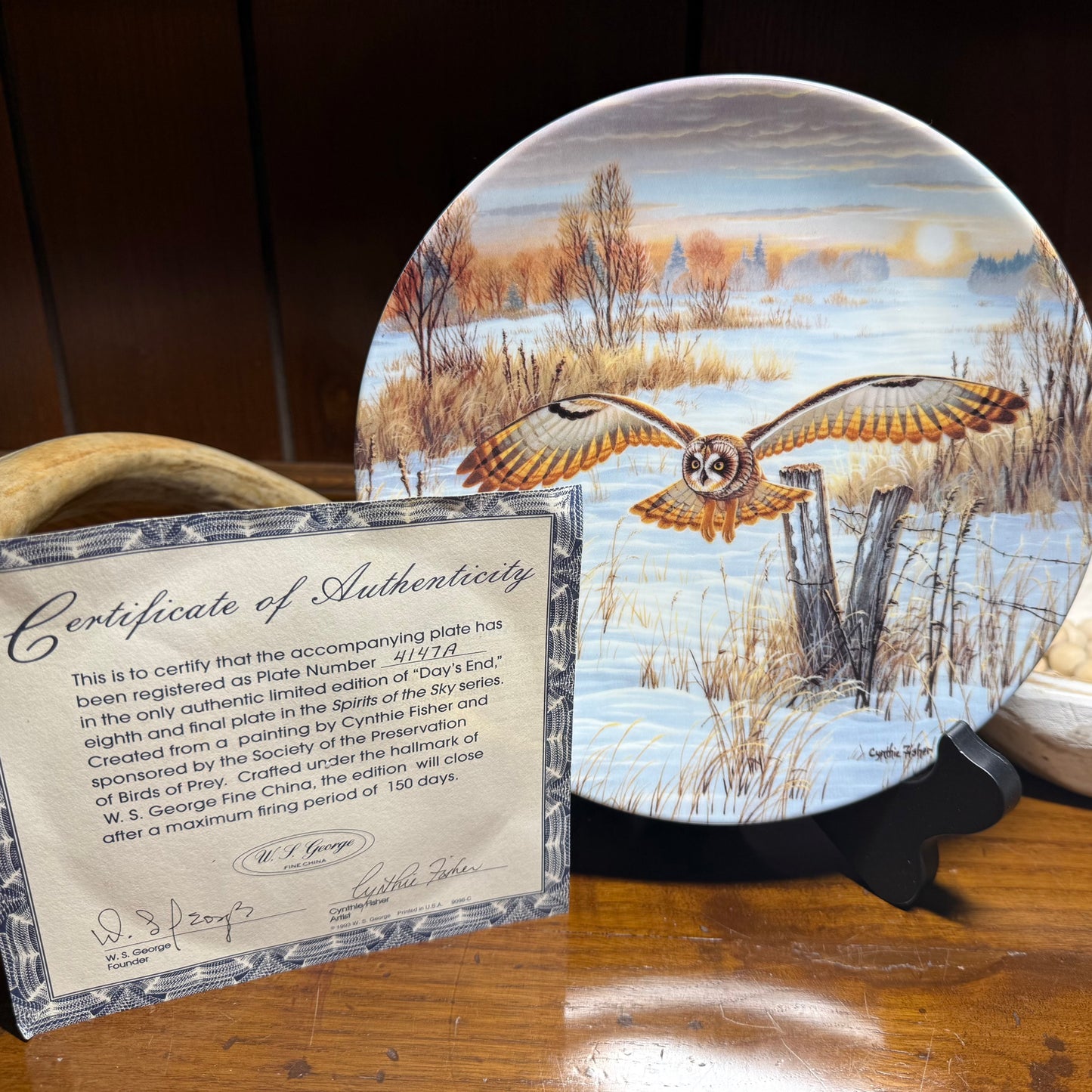 Wild Feathered Finds "Day’s End" Owl Plate by Cynthia Fisher, Spirit of the Sky design, featuring detailed owl artwork on porcelain.