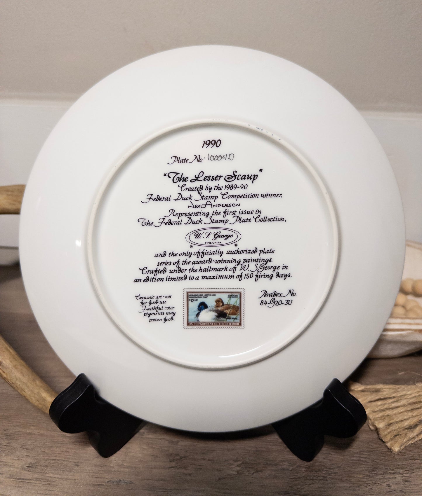 Lesser Scaup Federal Duck Stamp Plate 1990 by Neal Anderson with Certificate of Authenticity, plate number 100040.