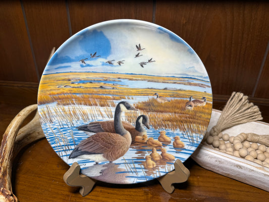 Vintage Canada Goose Plate "The Family" by Donald Pentz, Wings Upon the Wind, 1987, featuring detailed goose illustrations.