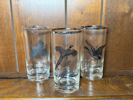 Vintage Wildlife Highball Glasses Set of 3 Pheasant Grouse Canvasback Duck Silver Rim