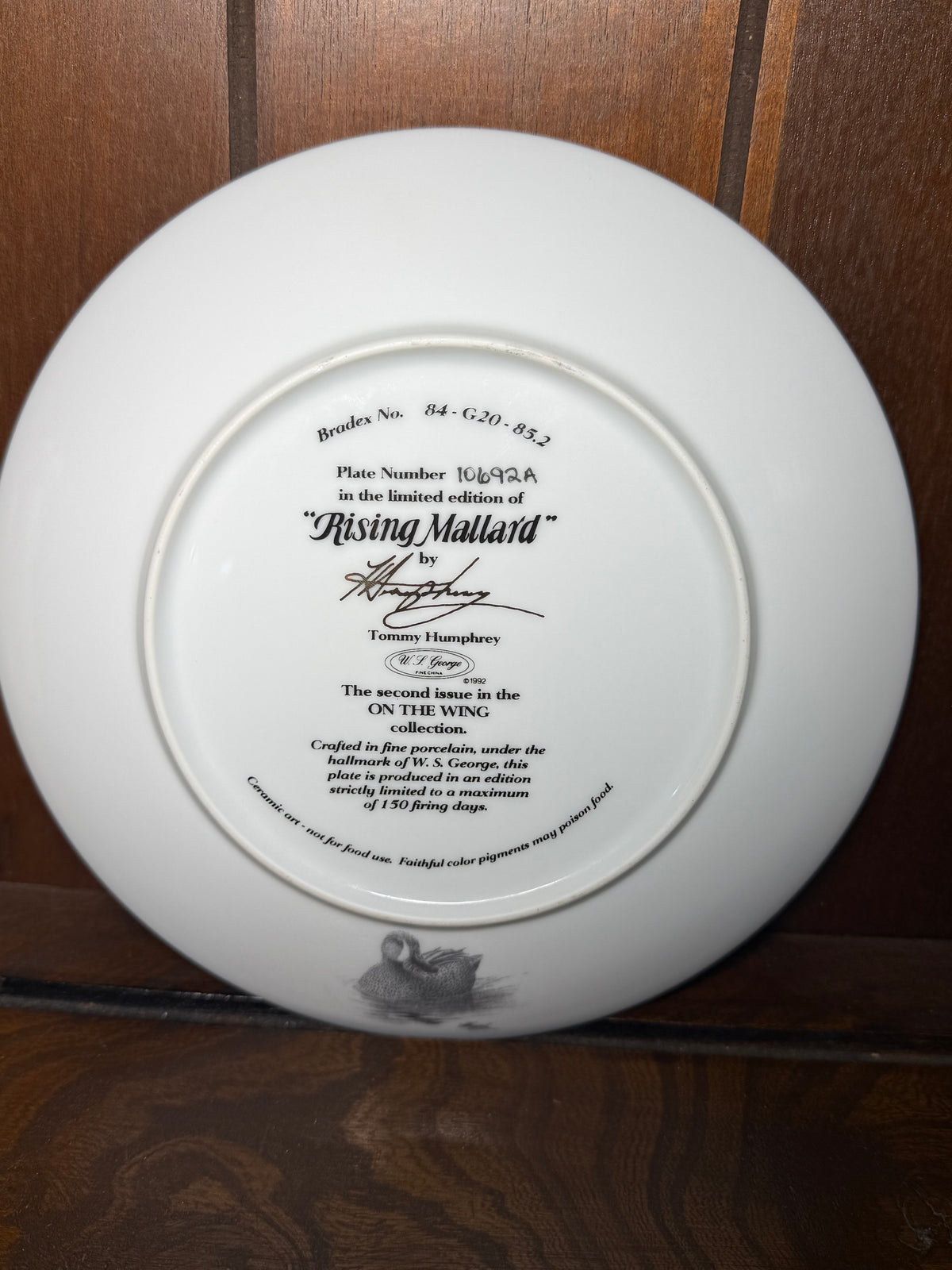 Vintage 1992 W.S. George Rising Mallard Duck collector plate by Tommy Humphrey, showcasing detailed mallard design by Wild Feathered Finds.