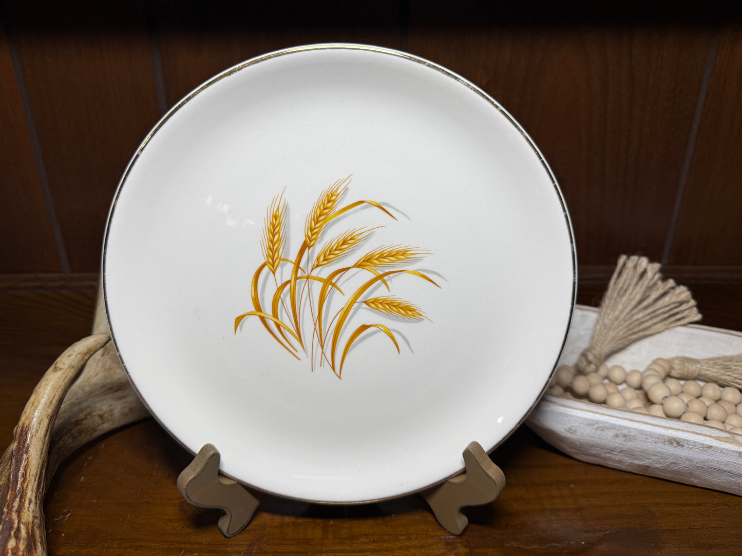 Golden Wheat dinner plate with 22K gold trim by Wild Feathered Finds, oven-proof, made in USA, detailed wheat design.