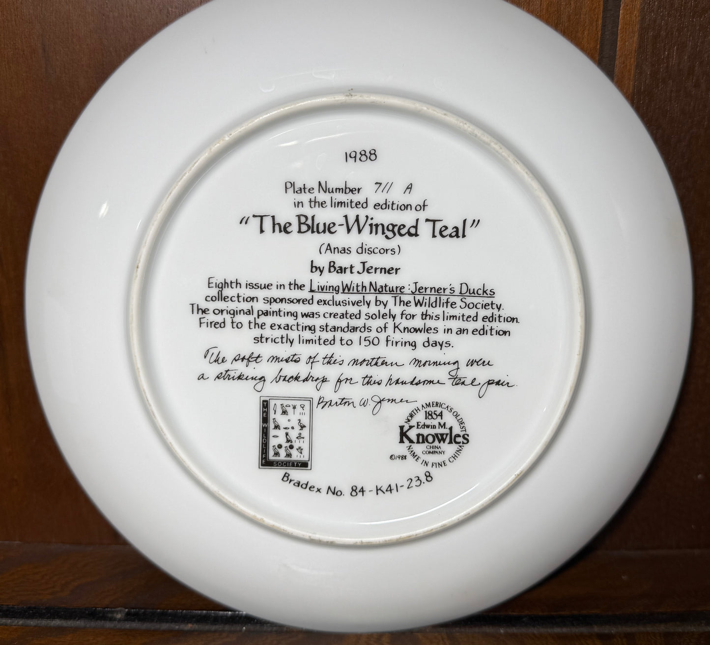 Vintage 1988 Knowles Blue-Winged Teal collector plate by Bart Jerner, featuring detailed teal bird illustration and decorative border.
