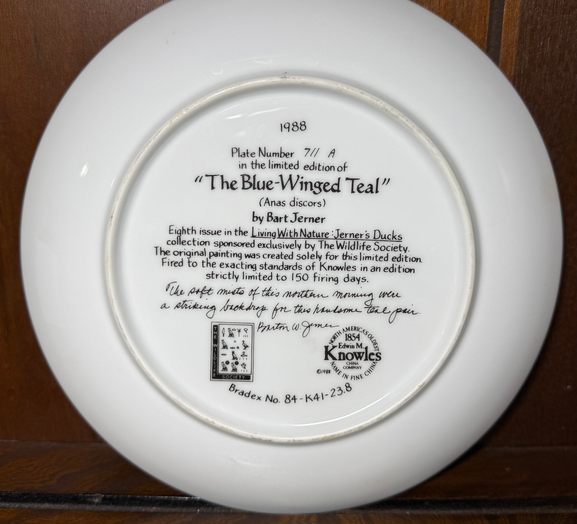 Vintage 1988 Knowles Blue-Winged Teal collector plate by Bart Jerner, featuring detailed teal bird illustration and decorative border.