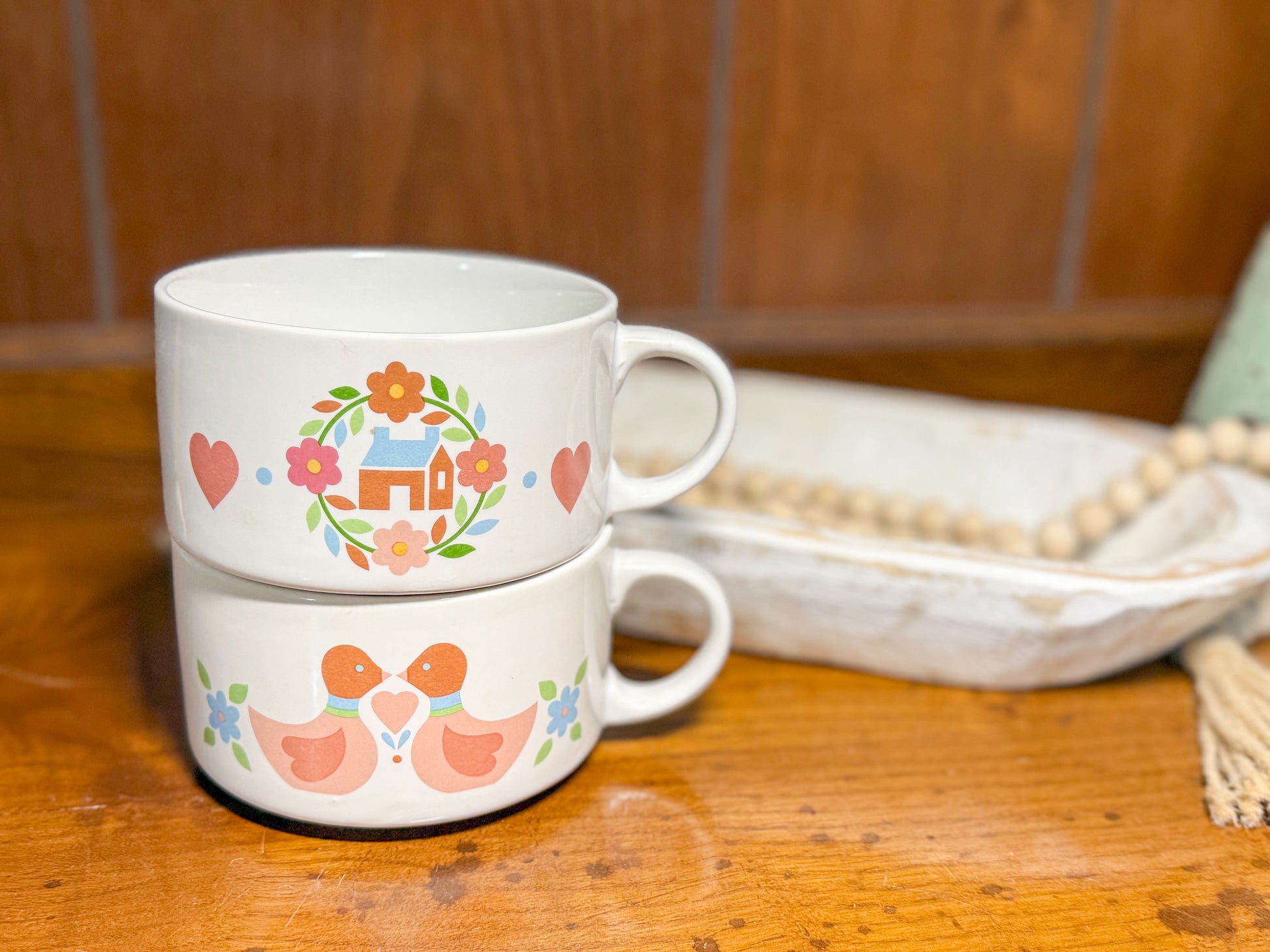 Vintage Pennsylvania Dutch soup bowls set of 2 by Wild Feathered Finds, 12 oz with folk art duck and heart design