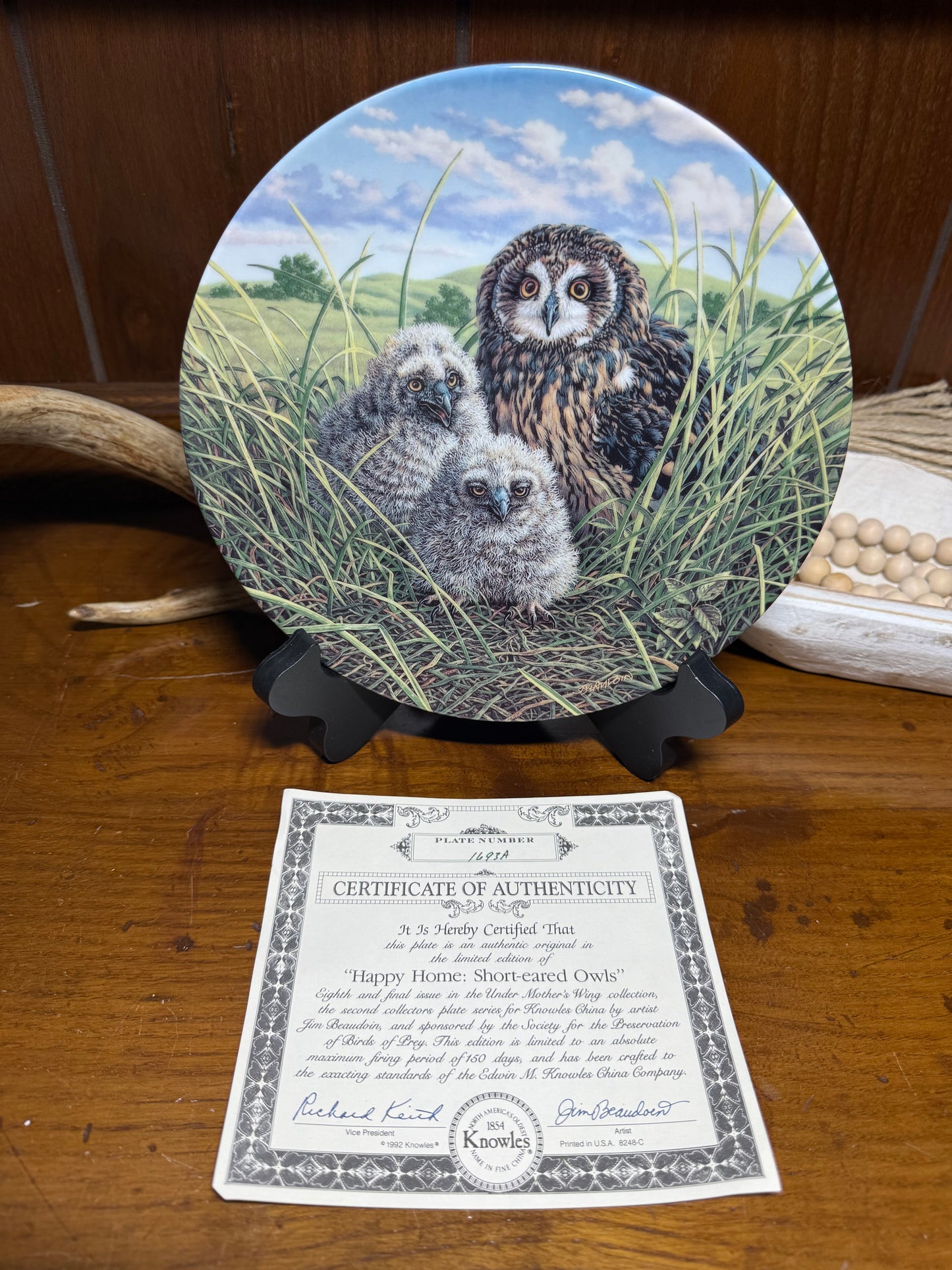 Wild Feathered Finds Happy Home short-eared owls collector plate under mother’s wing by Knowles China, with COA.