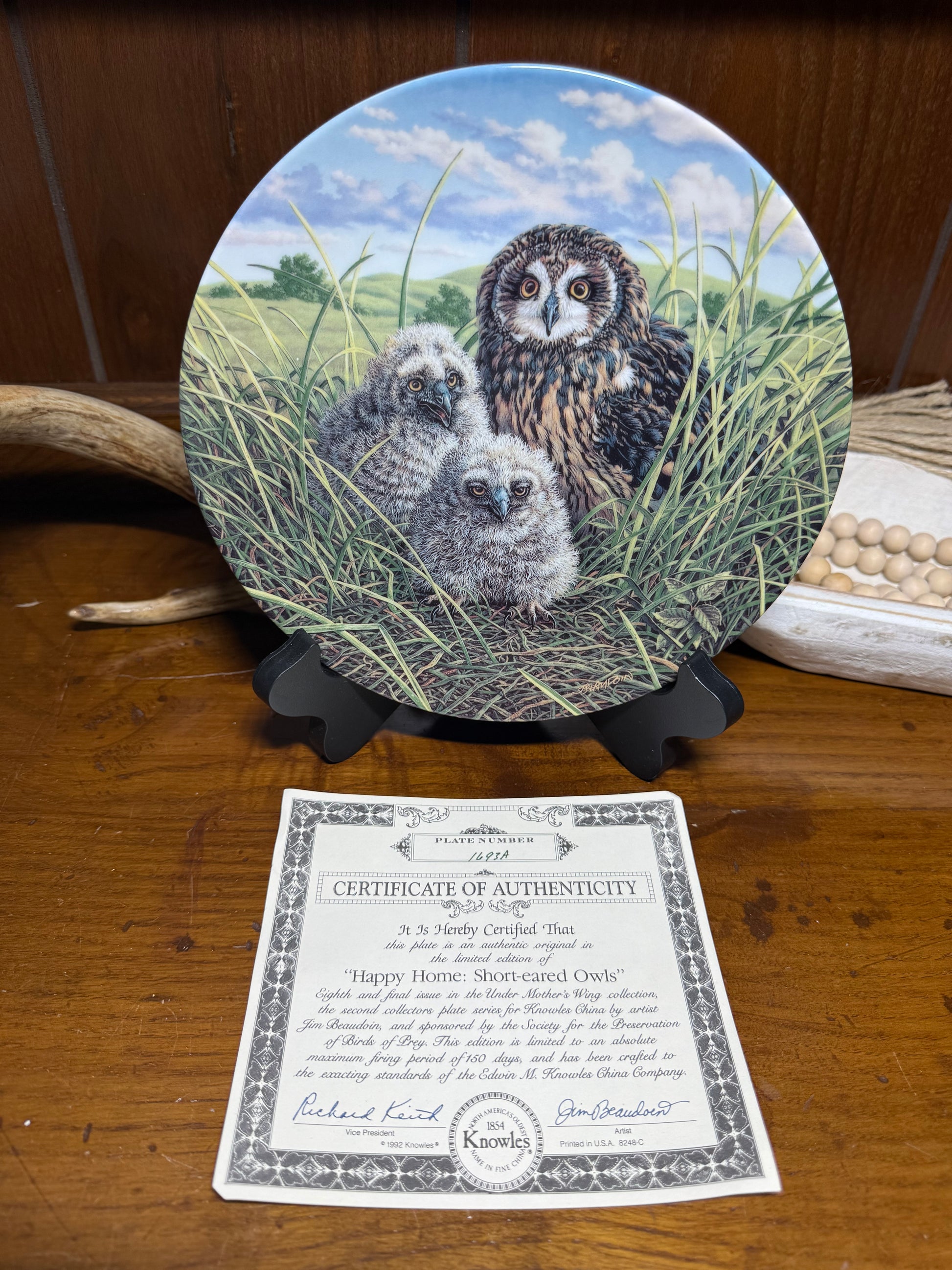 Wild Feathered Finds Happy Home short-eared owls collector plate under mother’s wing by Knowles China, with COA.