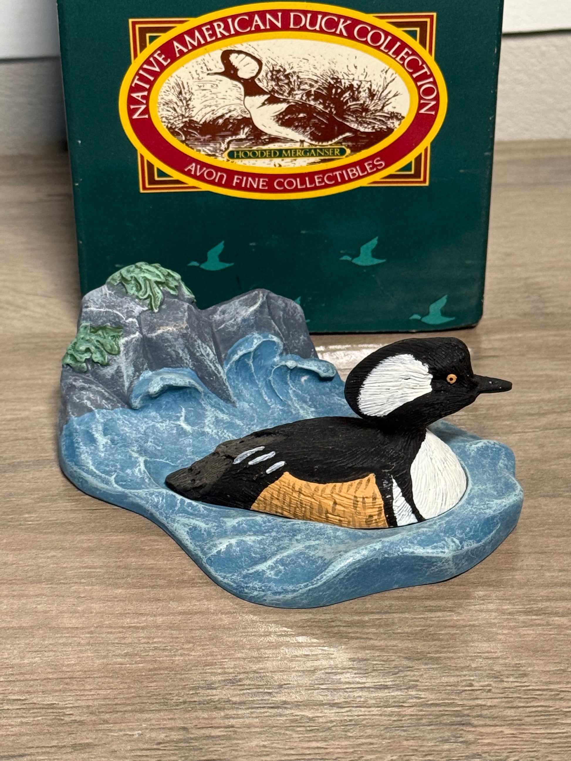 Vintage Avon hooded Merganser duck figurine from Wild Feathered Finds, part of Native American collection with box, 1989.
