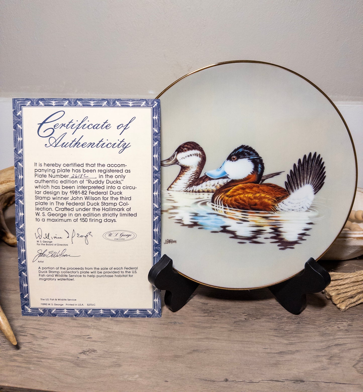 Ruddy Ducks Federal Duck Stamp Plate 1990 by John S. Wilson with certificate of authenticity, wildlife art on display.