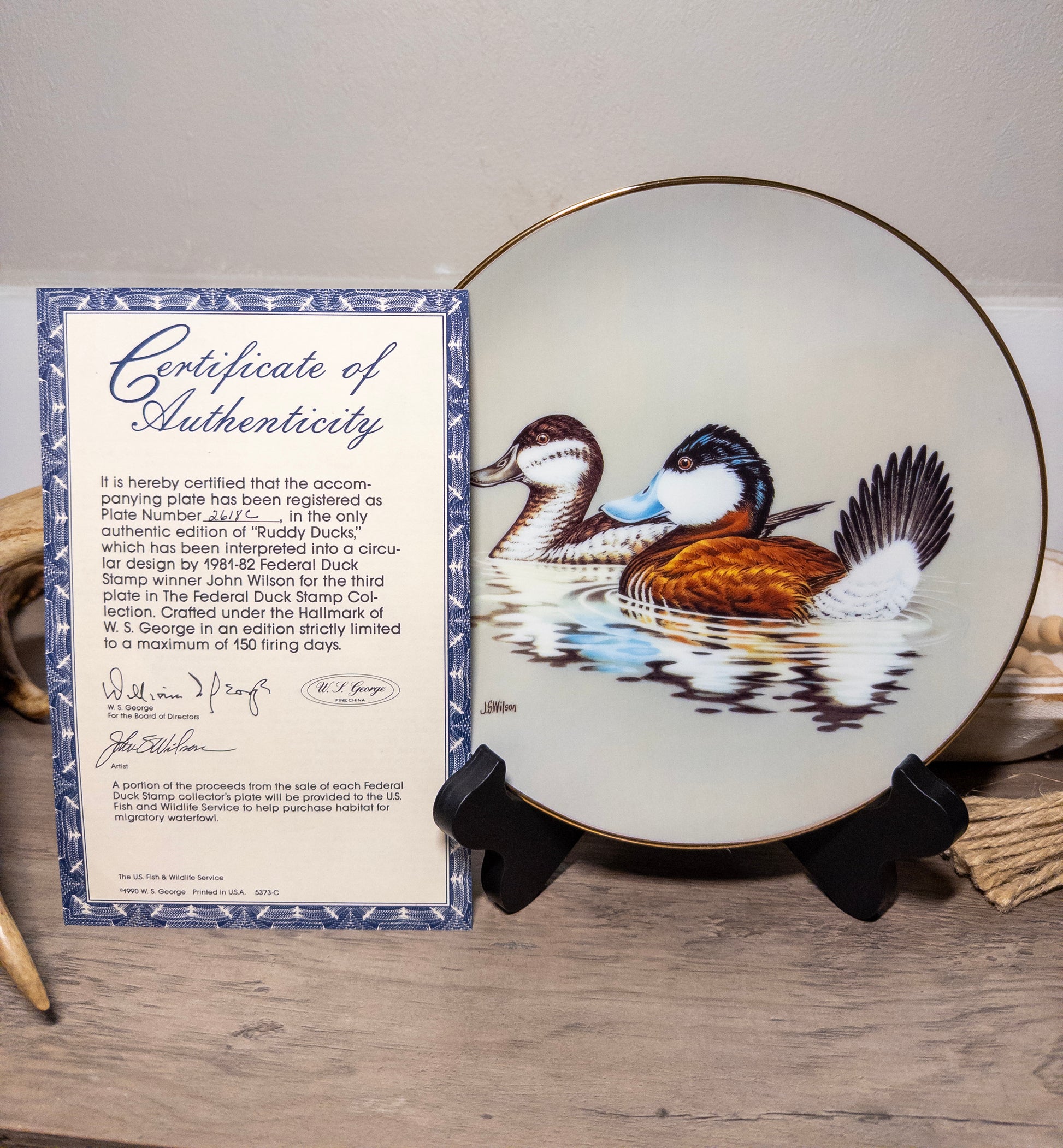 Ruddy Ducks Federal Duck Stamp Plate 1990 by John S. Wilson with certificate of authenticity, wildlife art on display.