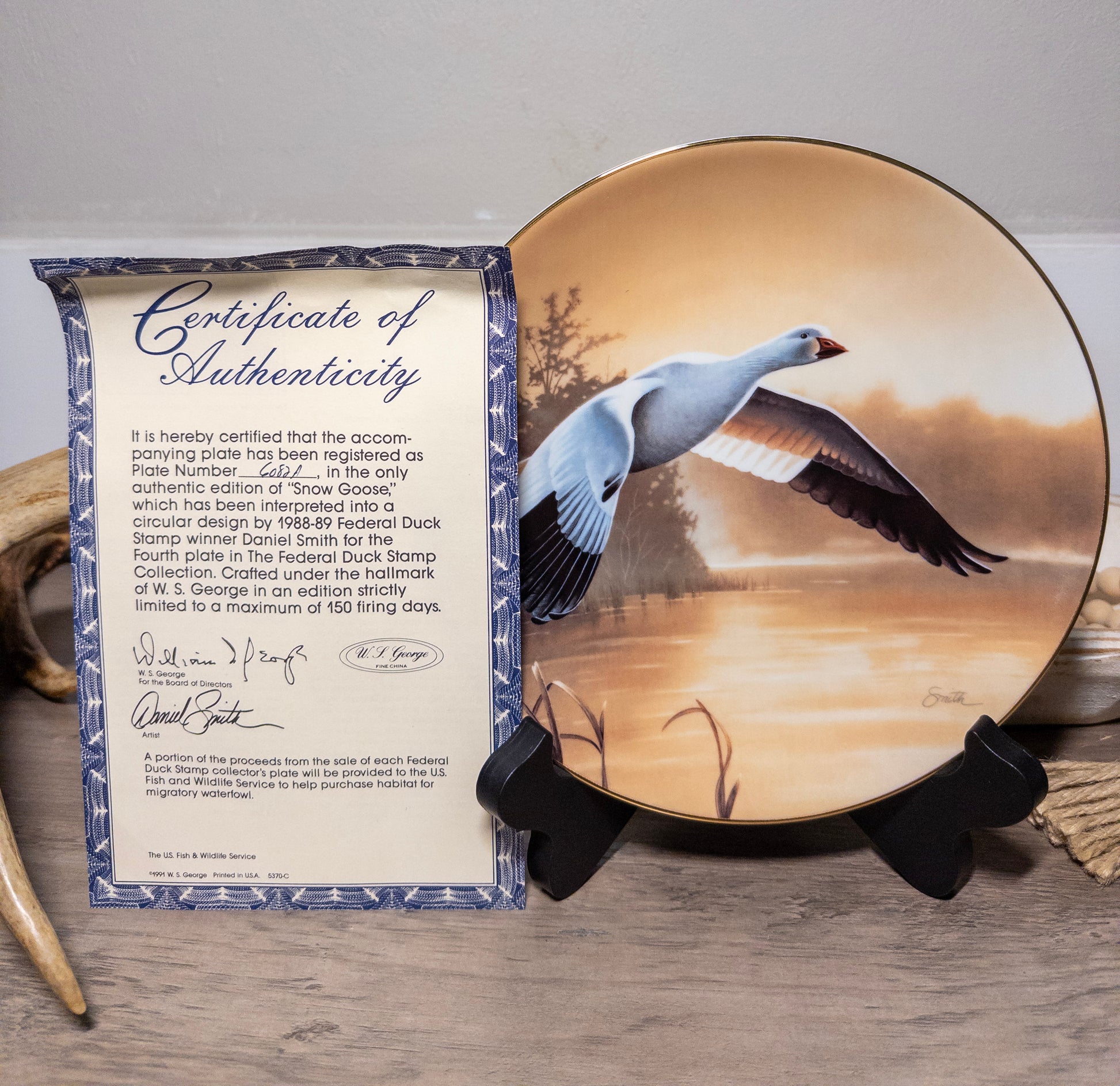 Snow Goose Federal Duck Stamp Plate 1991 by Daniel Smith with COA, featuring detailed artwork of a snow goose.