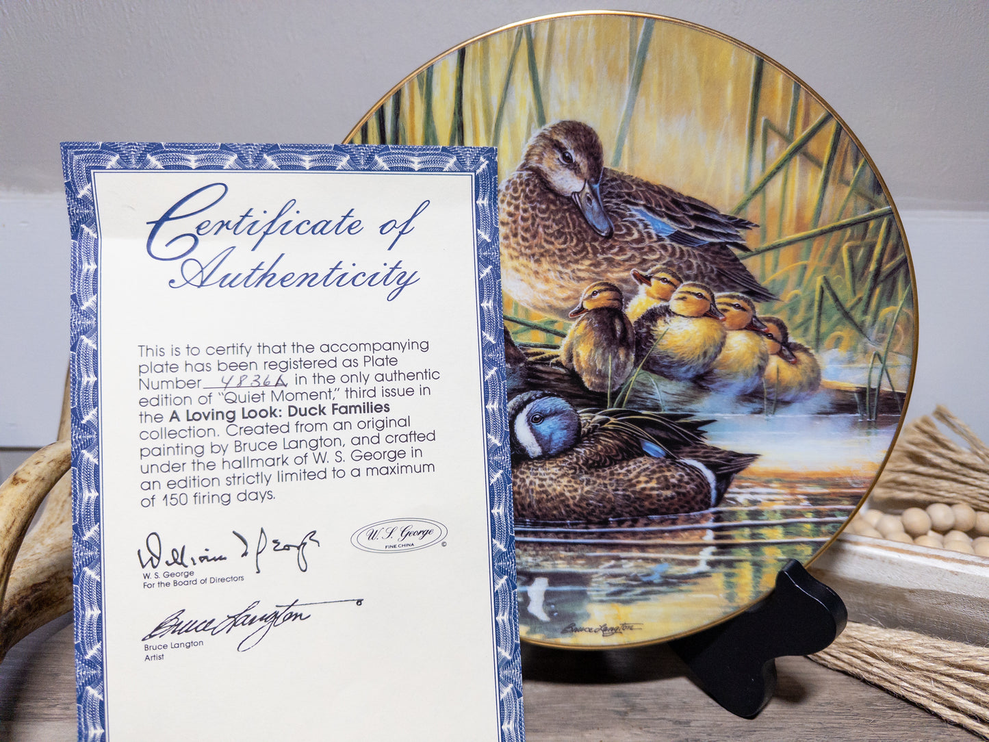 Blue-winged teal duck family collector plate by Wild Feathered Finds featuring Bruce Langton's "Quiet Moment" design, plate No. 4836A.