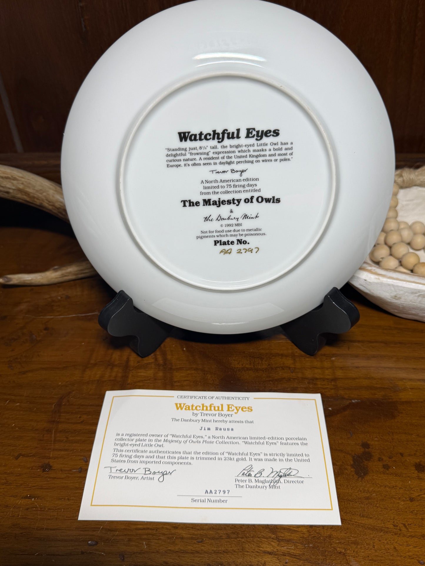 Wild Feathered Finds "Watchful Eyes" owl collector plate by Trevor Boyer, featuring detailed owl artwork and a certificate of authenticity.