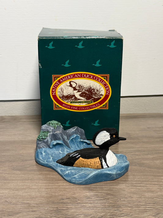 Vintage Avon hooded merganser duck figurine from Wild Feathered Finds Native American collection, with box, 1989.