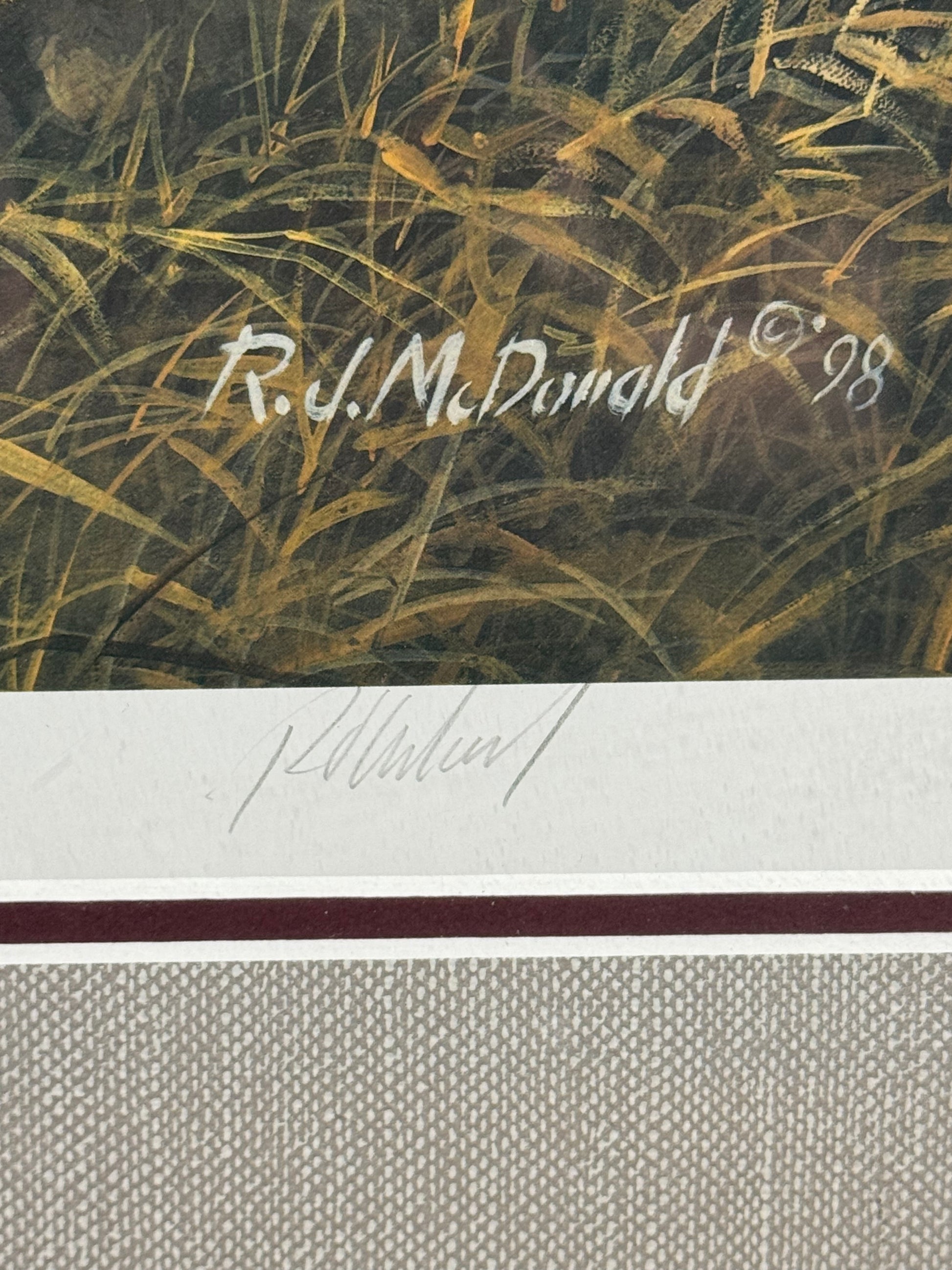 Signed Ducks Unlimited Greenwings framed print by R.J. McDonald, featuring detailed waterfowl artwork in a 27x32 inch display.