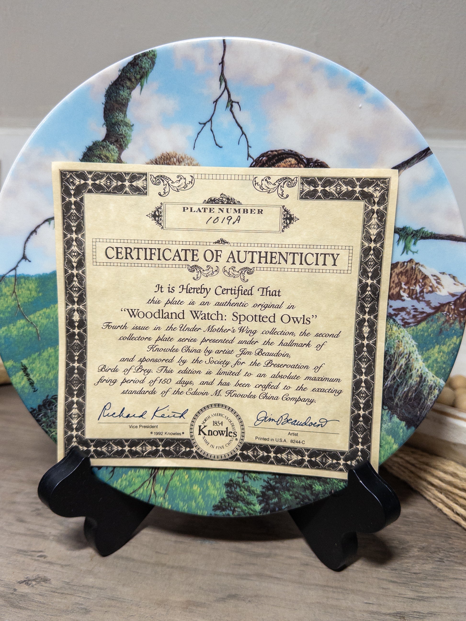 Woodland Watch spotted owls collector plate by Jim Beaudoin, showcasing detailed owl illustrations on Knowles China under Mother’s Wing.