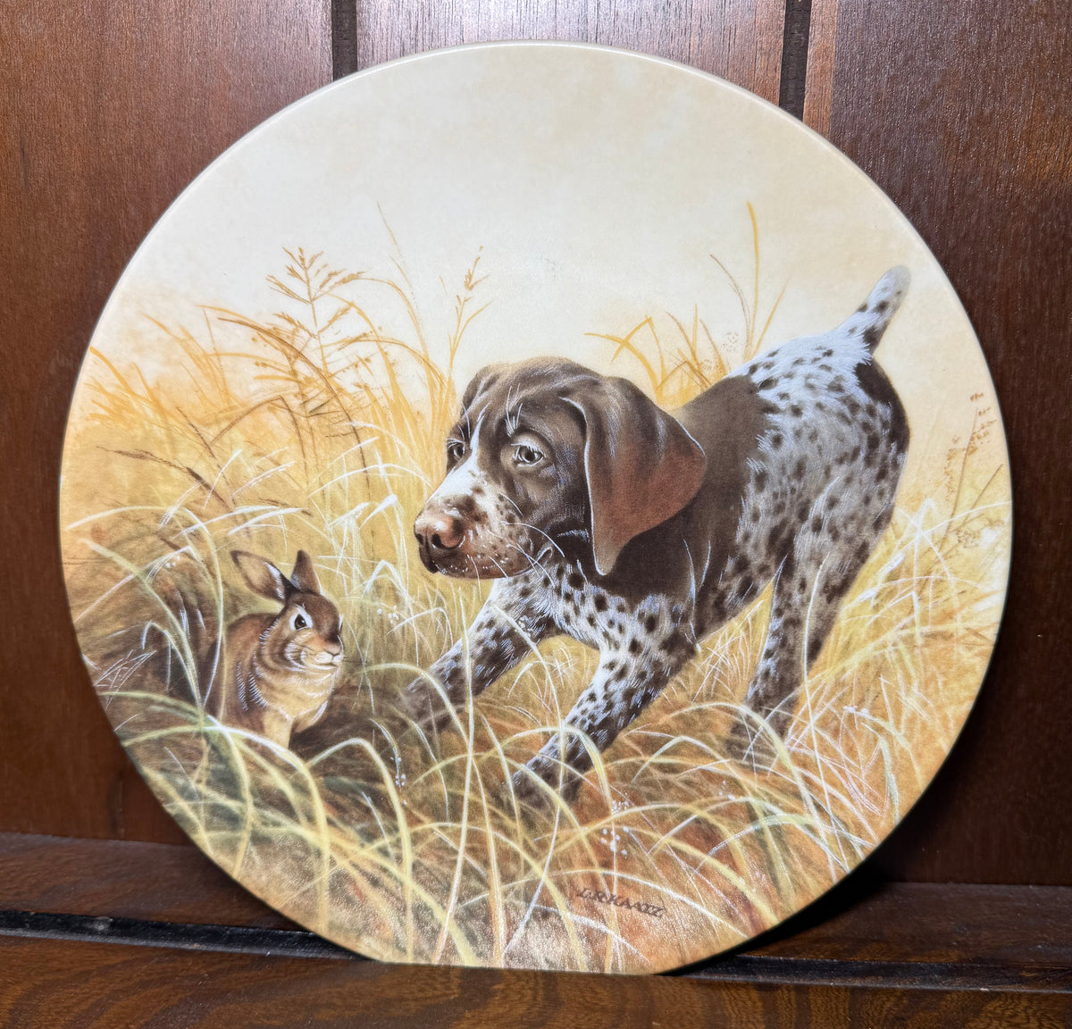German Shorthaired Pointer puppy collector plate featuring Fritz’s Folly design by Lynn Kaatz, from Wild Feathered Finds.