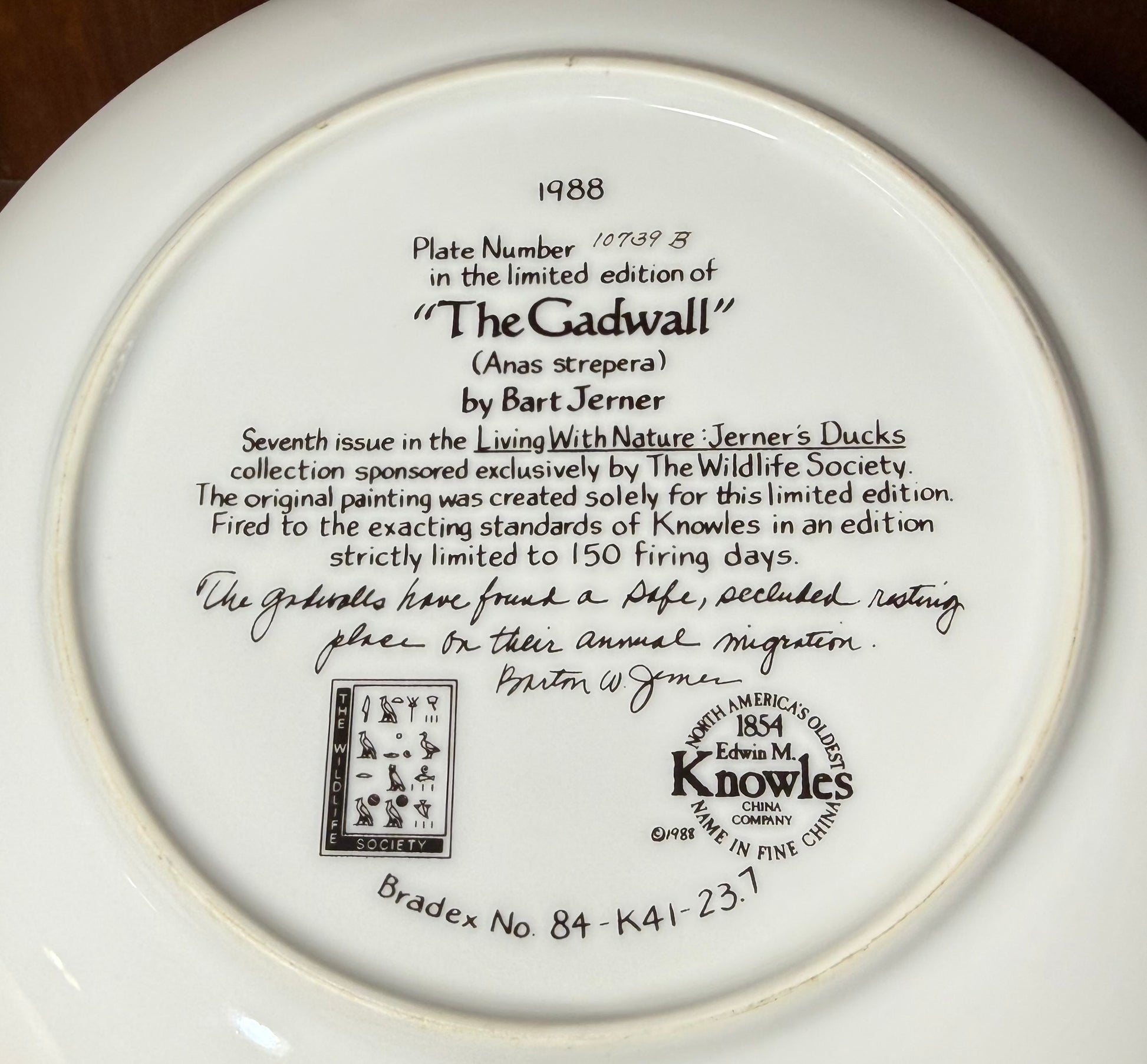 Vintage 1988 Knowles "The Gadwall" collector plate by Wild Feathered Finds, featuring detailed bird illustration and unique design.