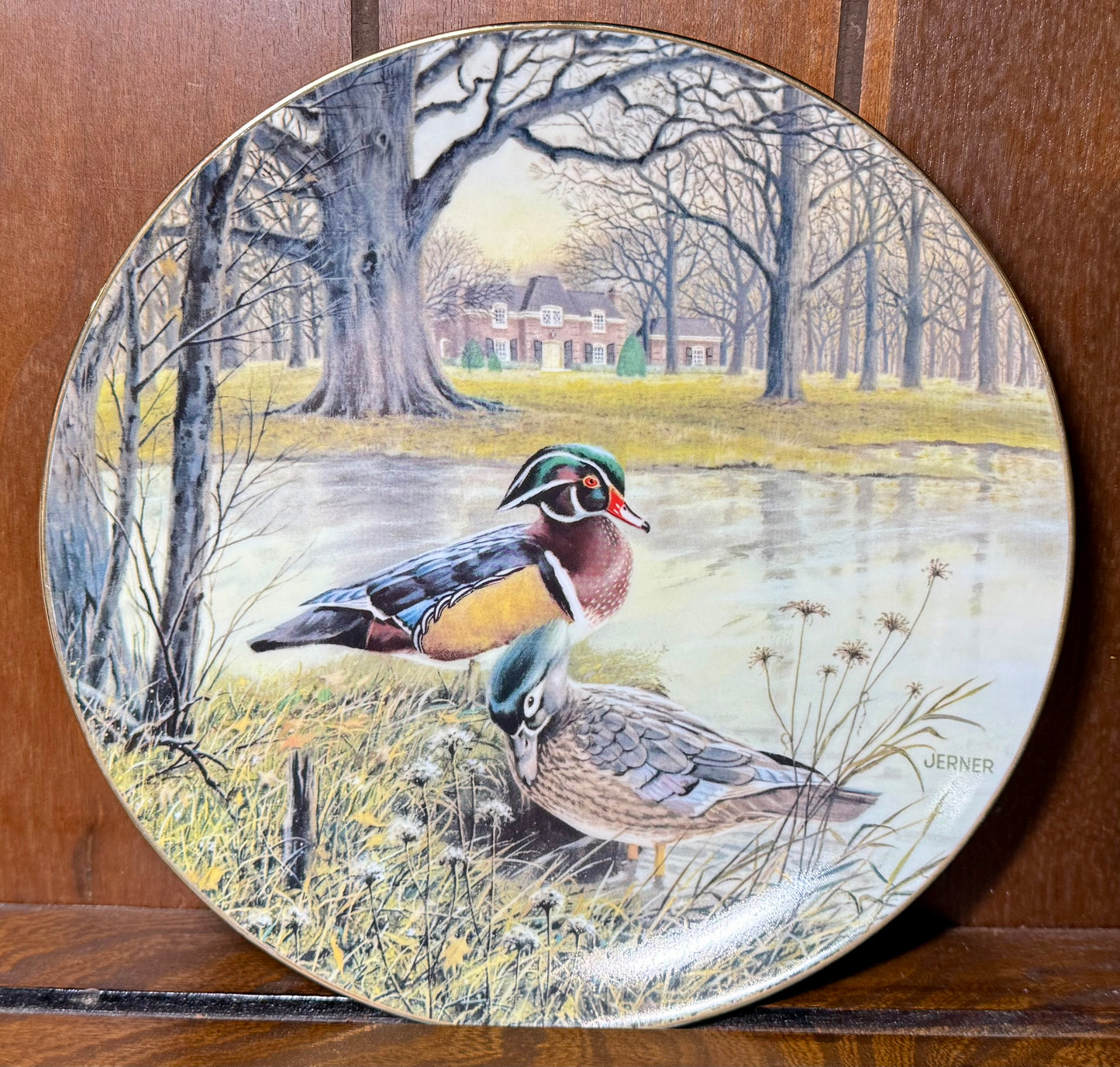 Vintage 1987 Knowles “The Wood Duck” collector plate by Wild Feathered Finds, featuring detailed artwork of a wood duck.