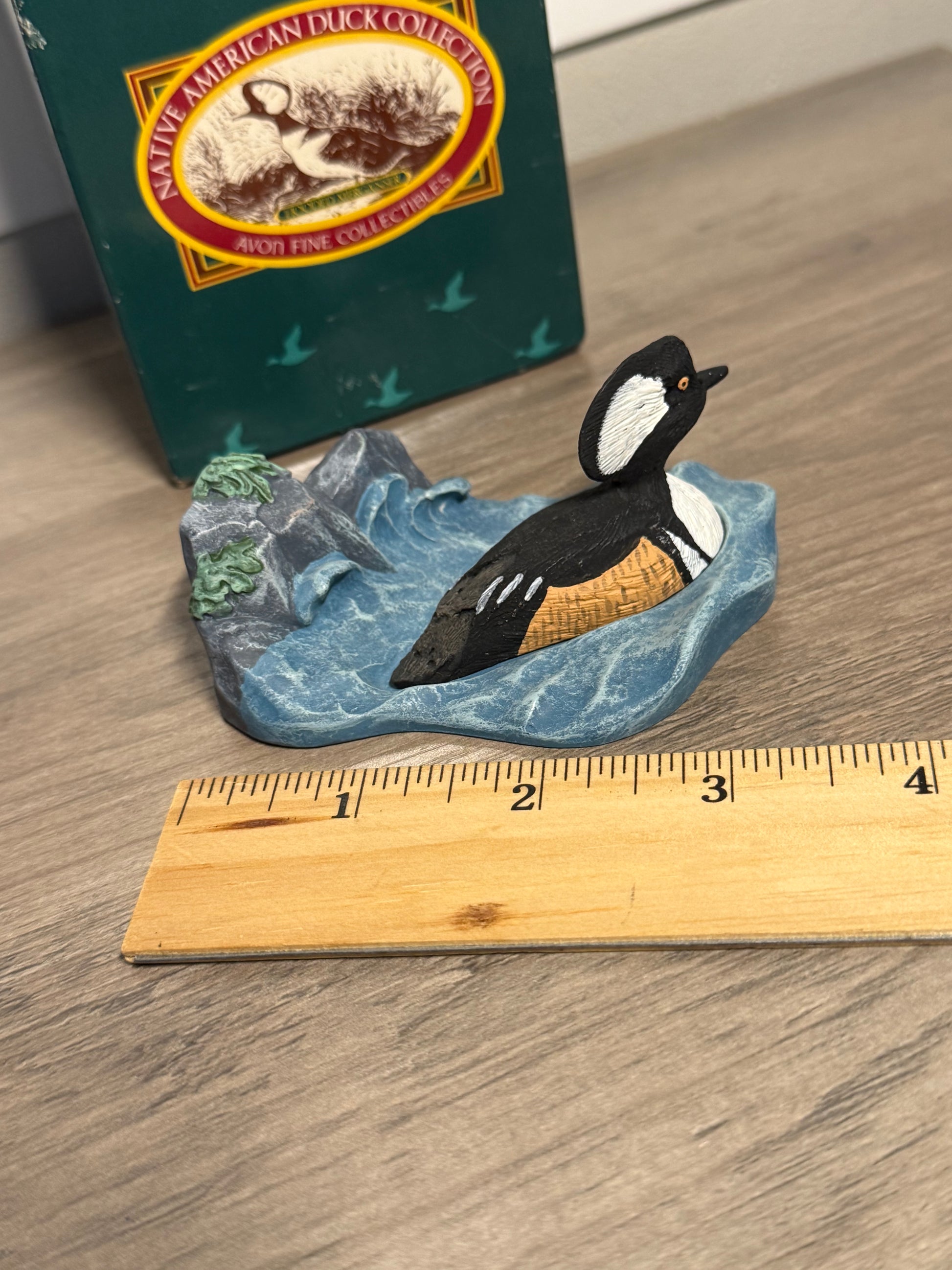 Vintage Avon hooded merganser duck figurine from Wild Feathered Finds, part of the Native American collection with box, 1989.