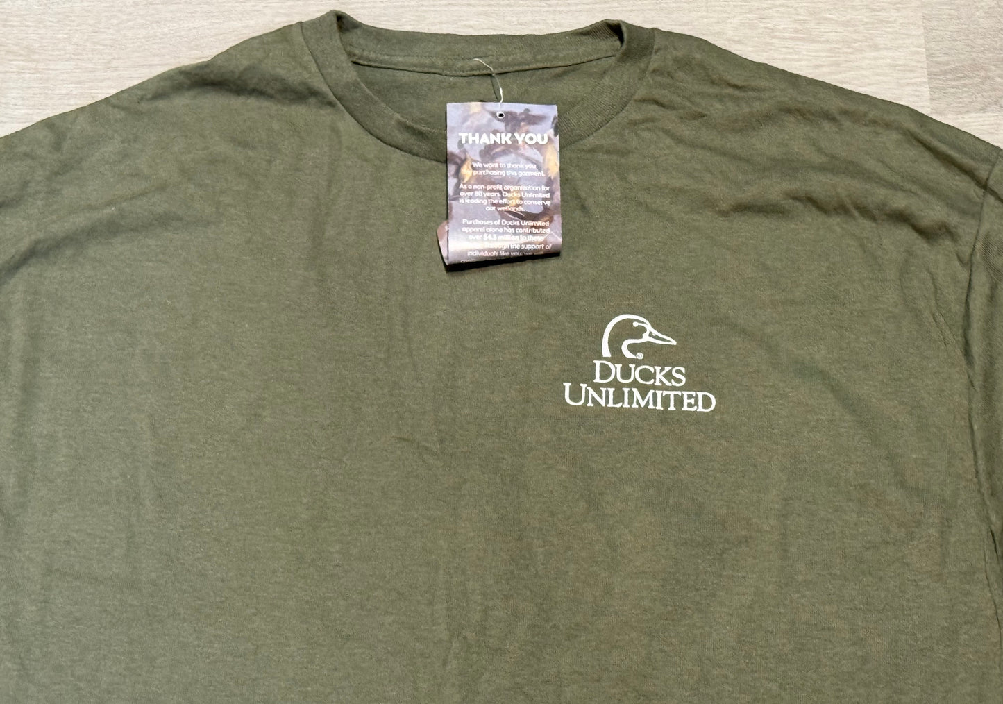 Olive green Ducks Unlimited Mallard Duck long sleeve graphic T-shirt by Wild Feathered Finds, suitable for hunting and waterfowl enthusiasts.