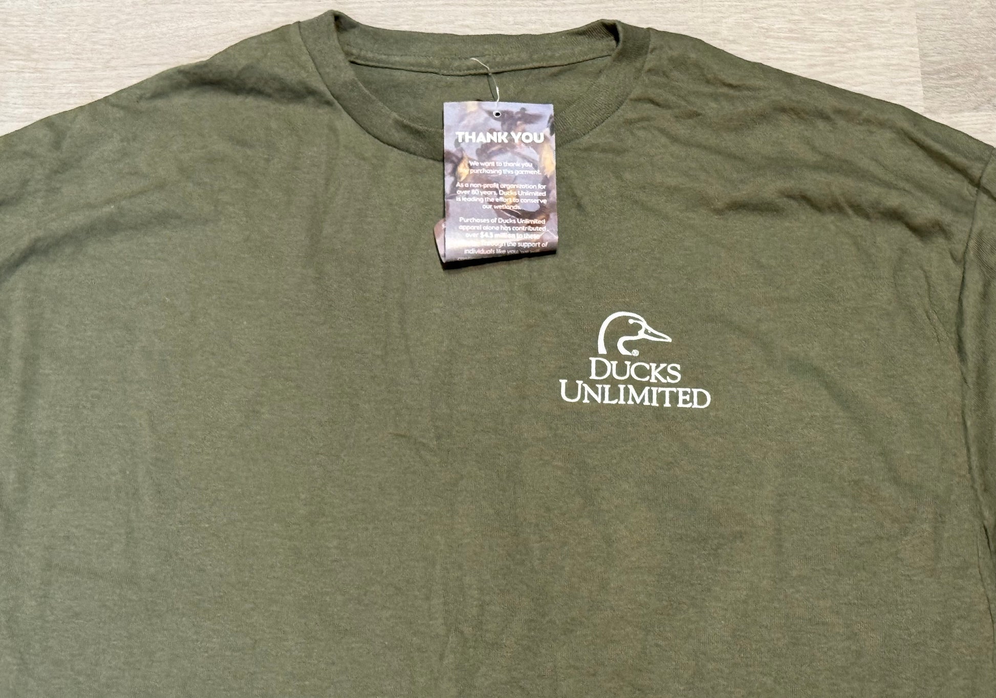Olive green Ducks Unlimited Mallard Duck long sleeve graphic T-shirt by Wild Feathered Finds, suitable for hunting and waterfowl enthusiasts.