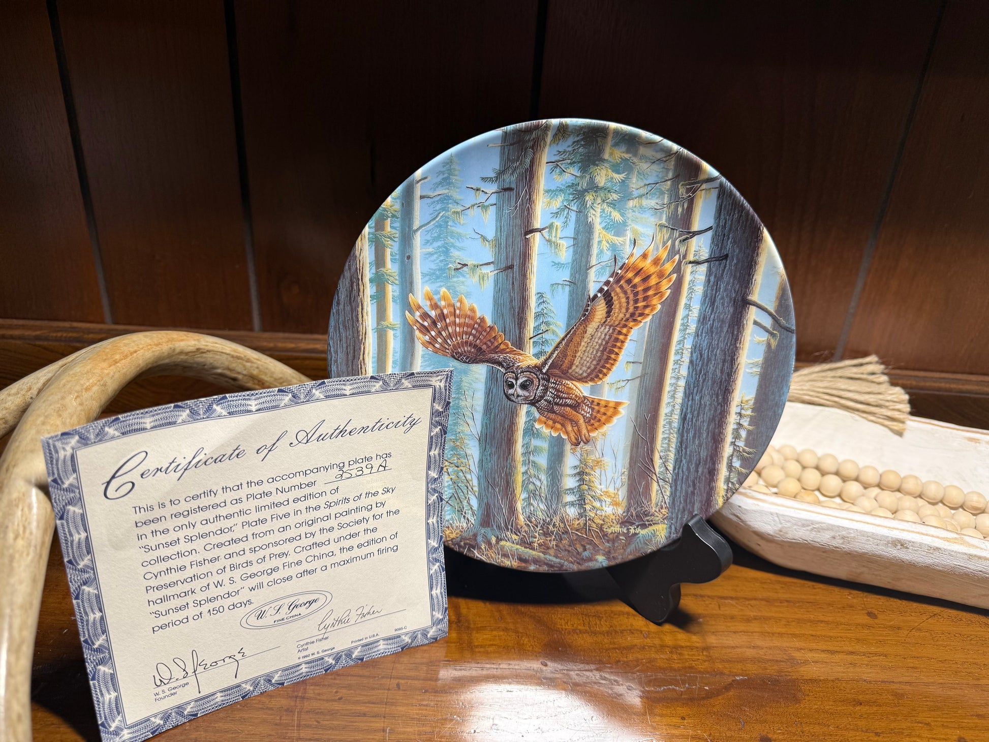Wild Feathered Finds Sunset Splendor Owl Plate by Cynthia Fisher from Spirits of the Sky collection, featuring vibrant sunset colors and owl design.