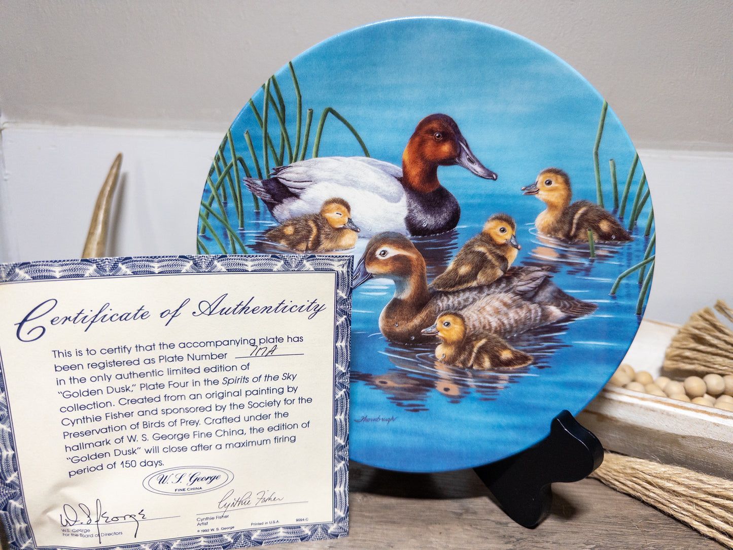 Vintage canvasback duck collector plate titled "Piggyback Ride" by Joe Thornbrugh, featuring detailed wildlife artwork.