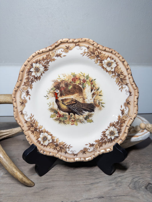 Cracker Barrel Wild Turkey Autumn Harvest stoneware plate with scalloped edge, featuring a wild turkey design by Wild Feathered Finds.