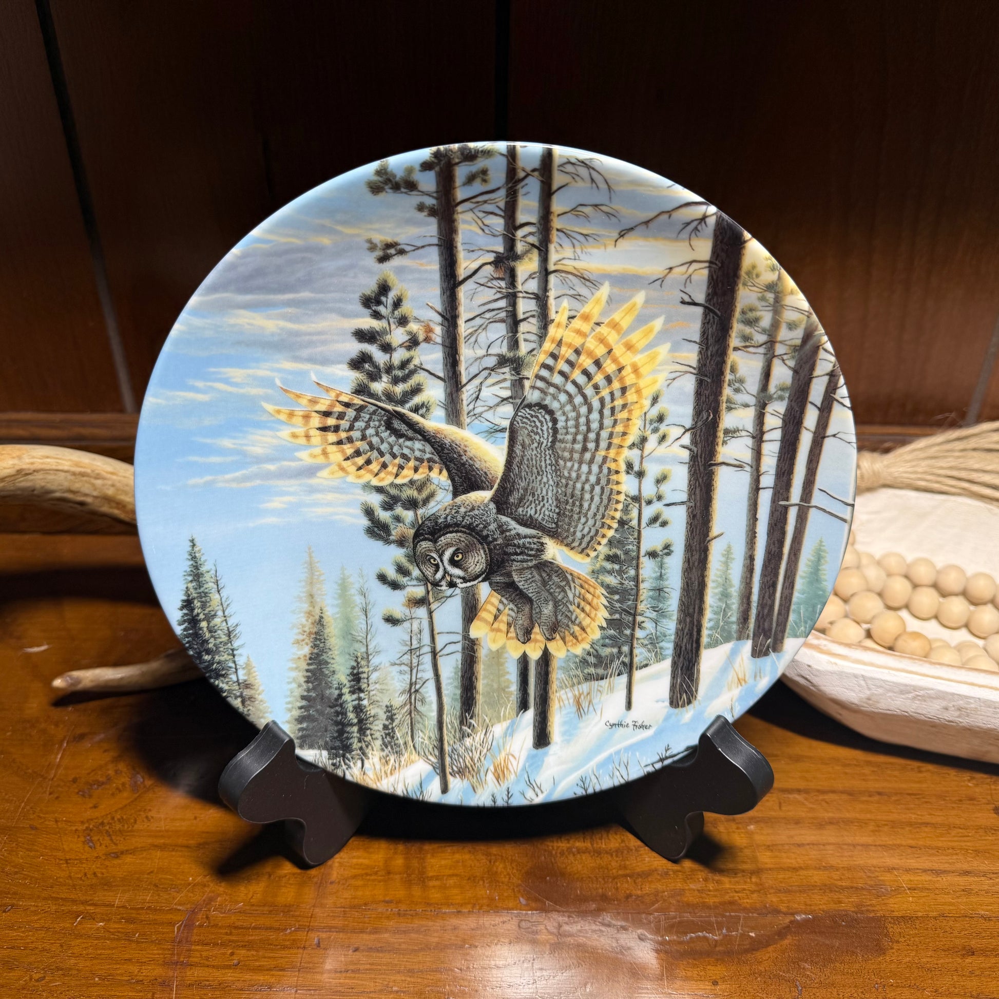 Wild Feathered Finds "Evening Glimmer" Owl Plate by Cynthia Fisher, Spirits of the Sky, W.S. George ceramic with detailed owl design.