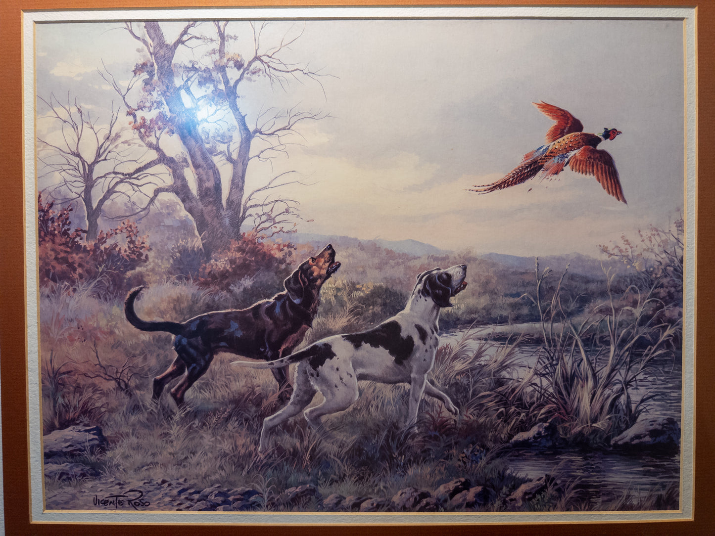 Vicente Roso Pheasant Hunting Dog Print Framed 24x20 Lodge Cabin Wall Art
