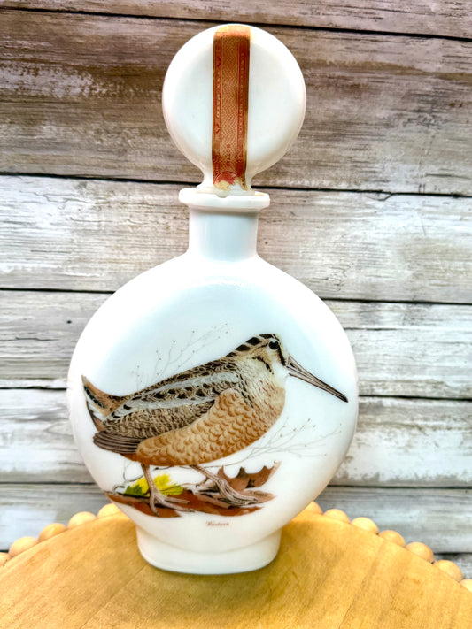Vintage Wild Feathered Finds woodcock milk glass liquor decanter, edition No. 8 from 1969, featuring detailed bird design.