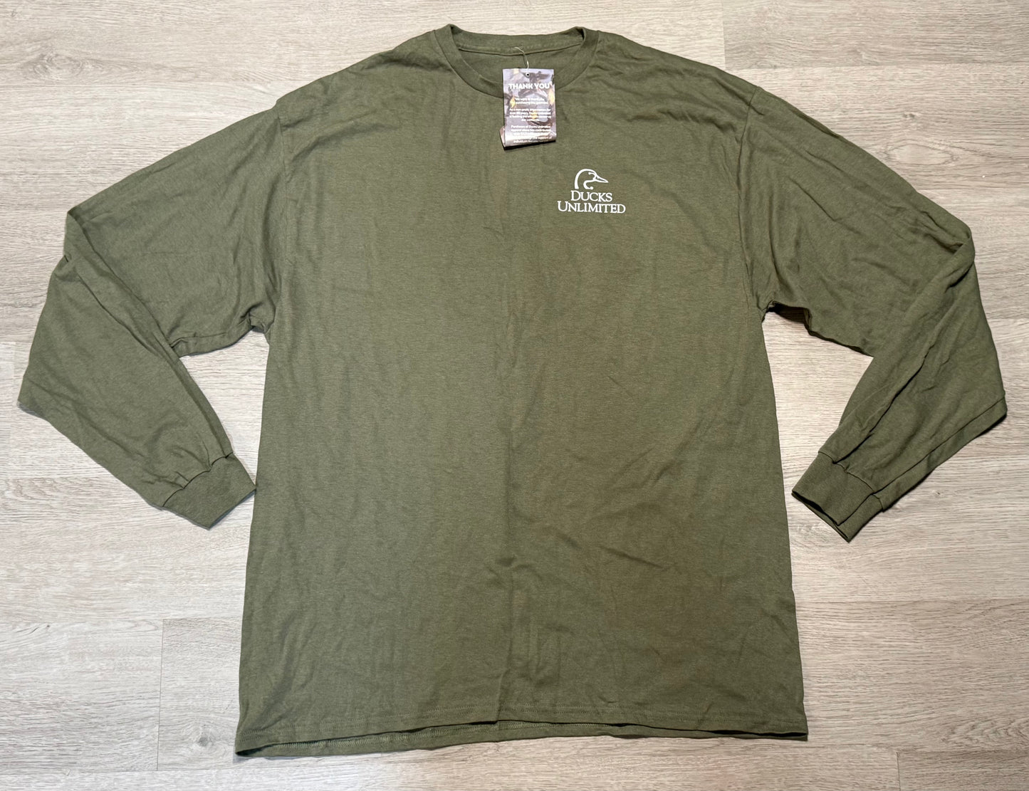 Olive green Ducks Unlimited Mallard Duck long sleeve graphic T-shirt by Wild Feathered Finds, ideal for waterfowl hunting enthusiasts.