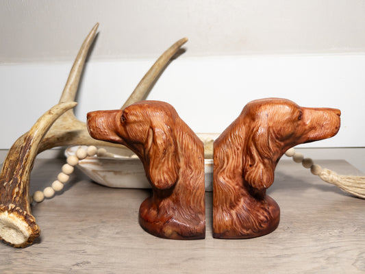 Vintage Wooden Hunting Dog Bookends Hand Carved Setter Spaniel Pair