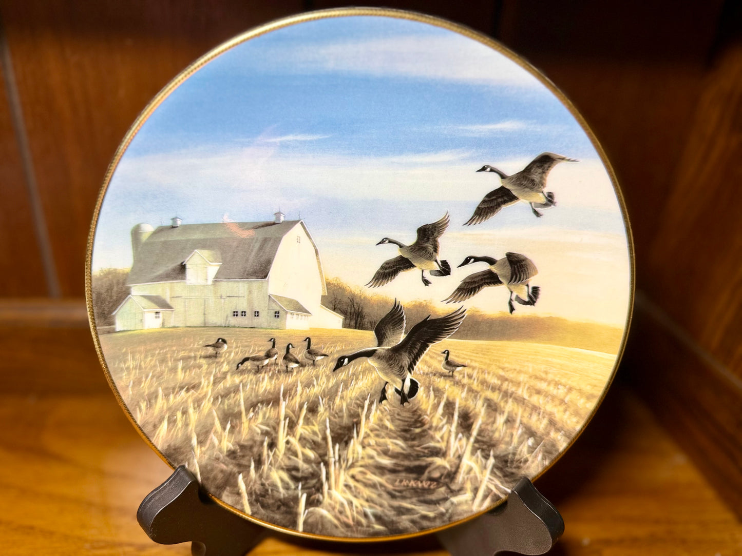 Ducks Unlimited Canada Geese in Autumn Field plate by Lynn Kaatz, 1988, featuring detailed artwork of geese in a fall landscape.
